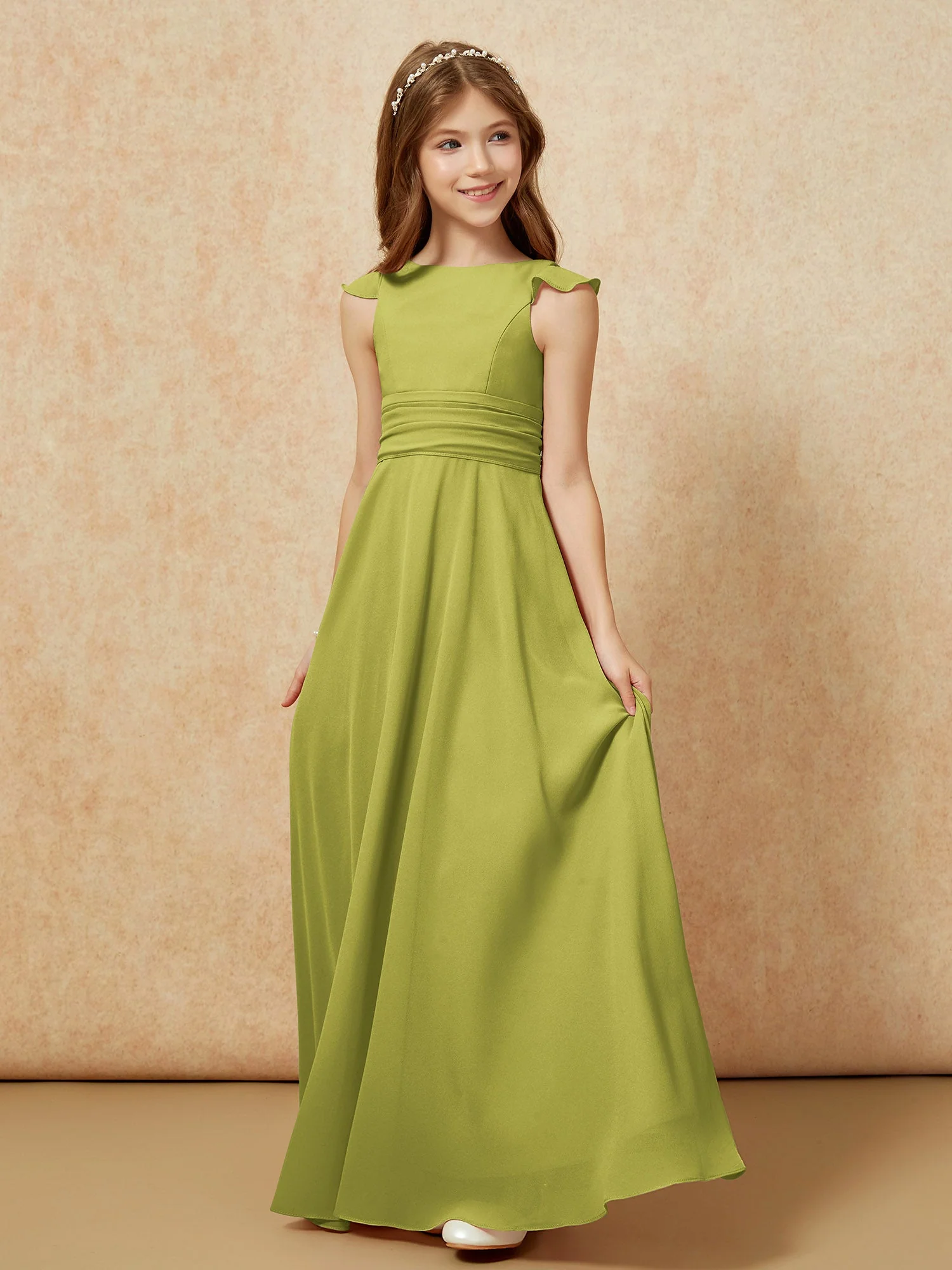 Rundhalsausschnitt Flatterärmel Chiffon Junge Brautjungfernkleider Kleegrün - Image 3