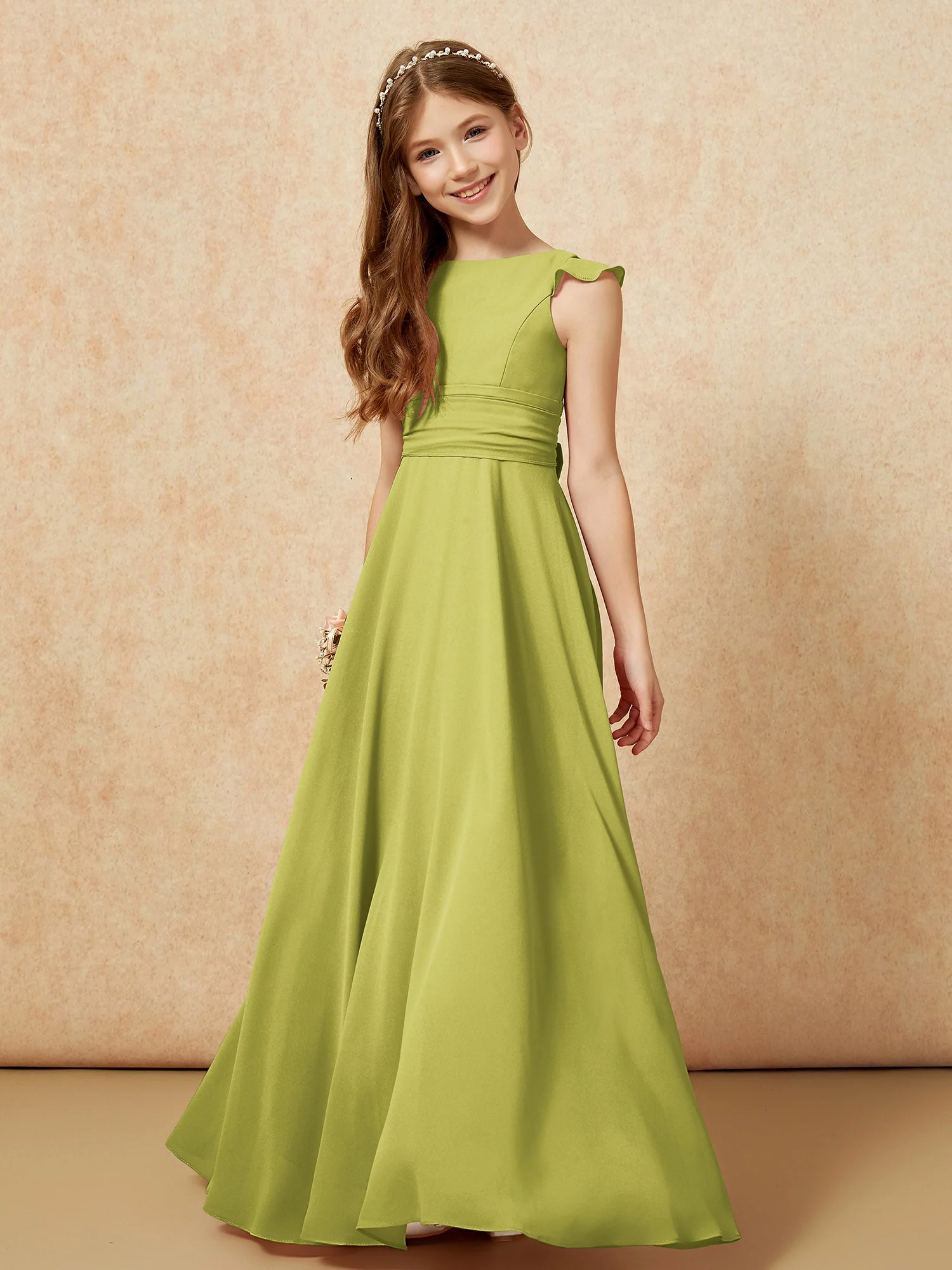 Rundhalsausschnitt Flatterärmel Chiffon Junge Brautjungfernkleider Kleegrün - Image 4