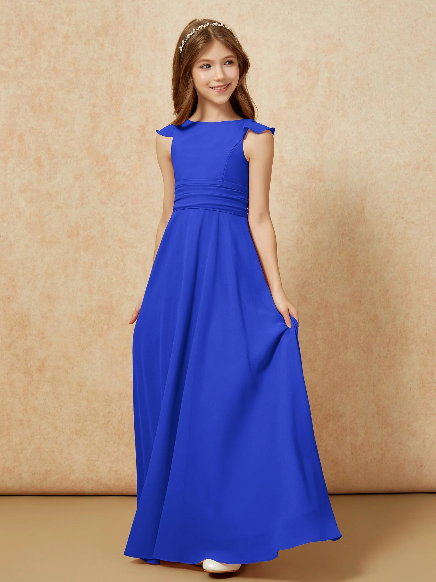 Rundhalsausschnitt Flatterärmel Chiffon Junge Brautjungfernkleider Königsblau - Image 3