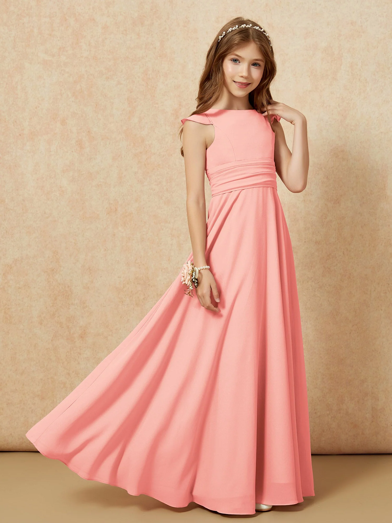 Rundhalsausschnitt Flatterärmel Chiffon Junge Brautjungfernkleider Koralle - Image 7