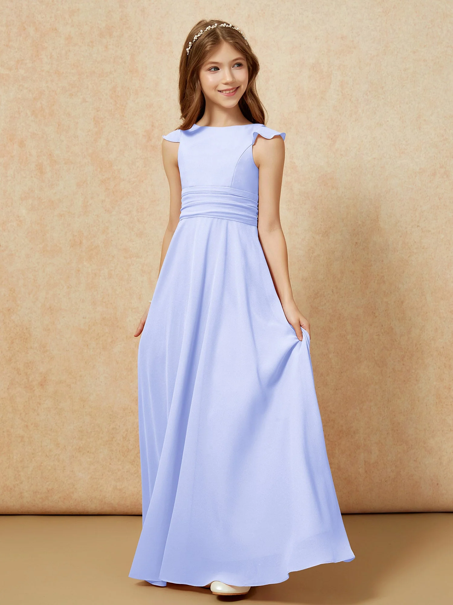 Rundhalsausschnitt Flatterärmel Chiffon Junge Brautjungfernkleider Lavendel - Image 3