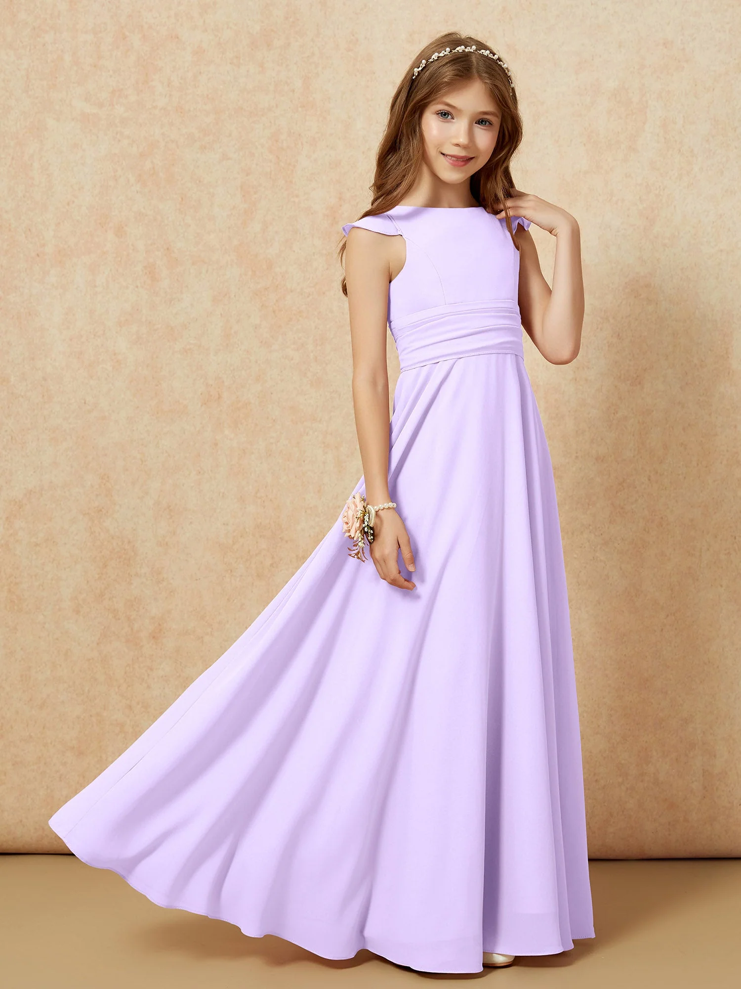 Rundhalsausschnitt Flatterärmel Chiffon Junge Brautjungfernkleider Lila - Image 7