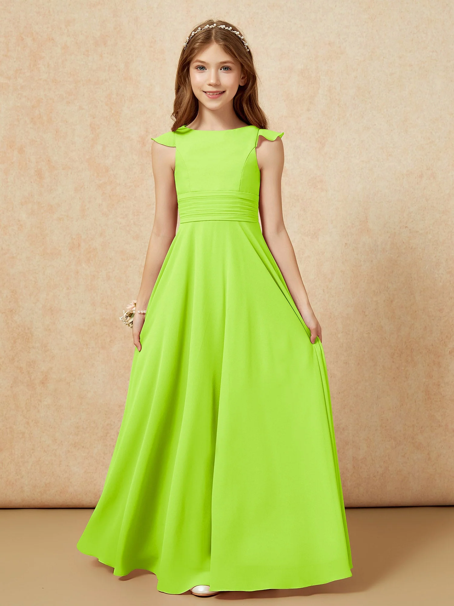 Rundhalsausschnitt Flatterärmel Chiffon Junge Brautjungfernkleider Lindgrün