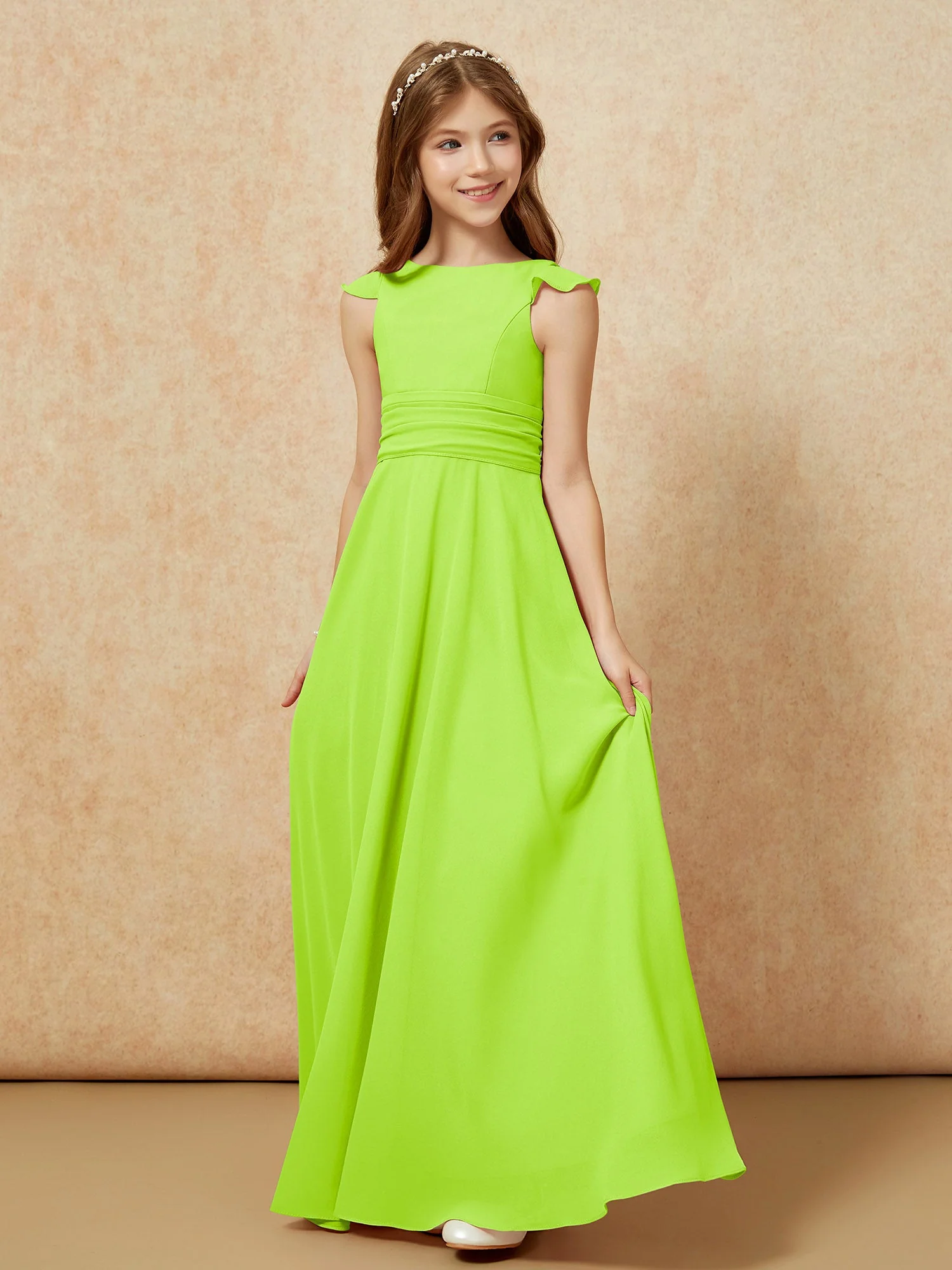 Rundhalsausschnitt Flatterärmel Chiffon Junge Brautjungfernkleider Lindgrün - Image 3