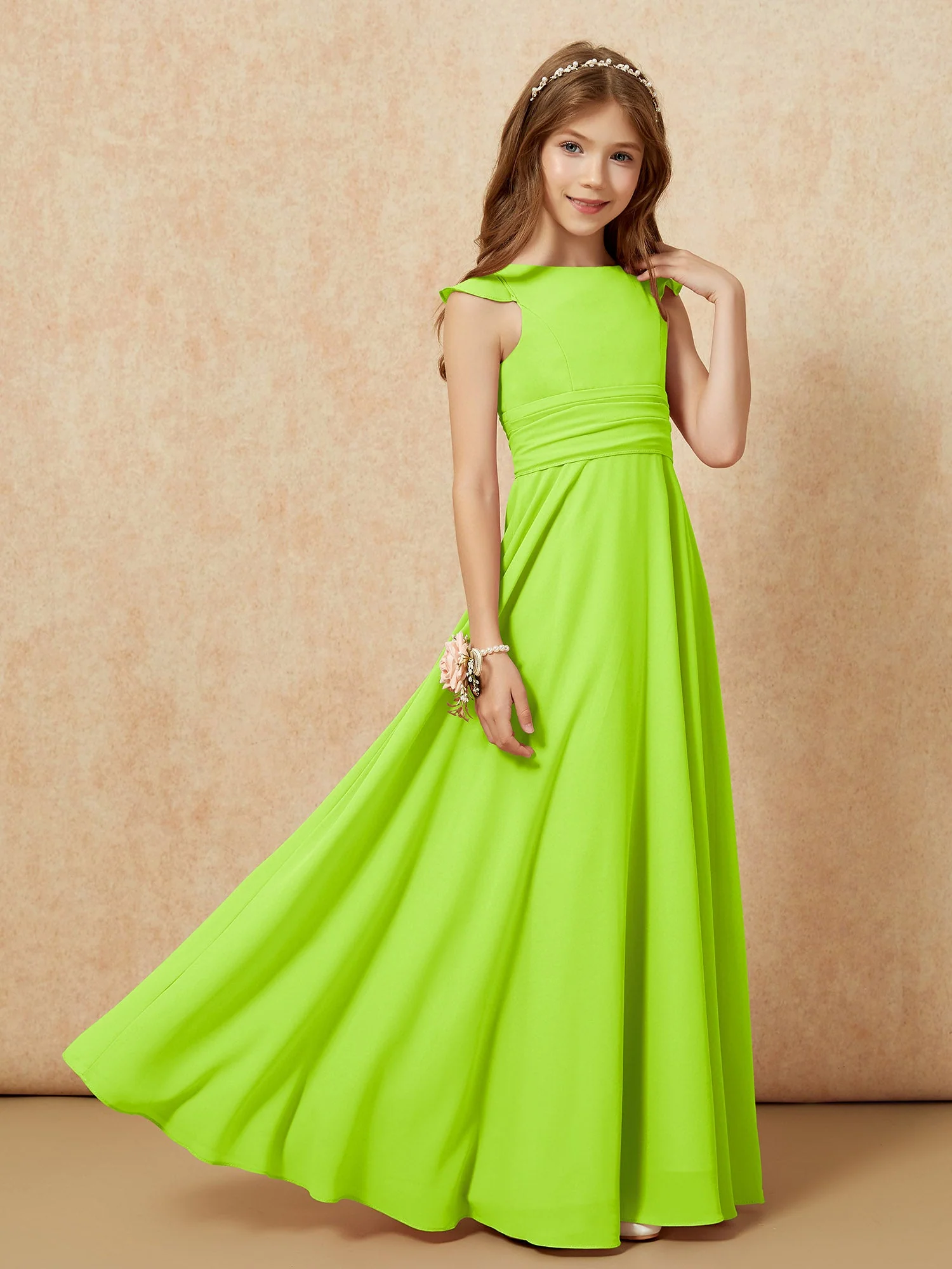 Rundhalsausschnitt Flatterärmel Chiffon Junge Brautjungfernkleider Lindgrün - Image 7