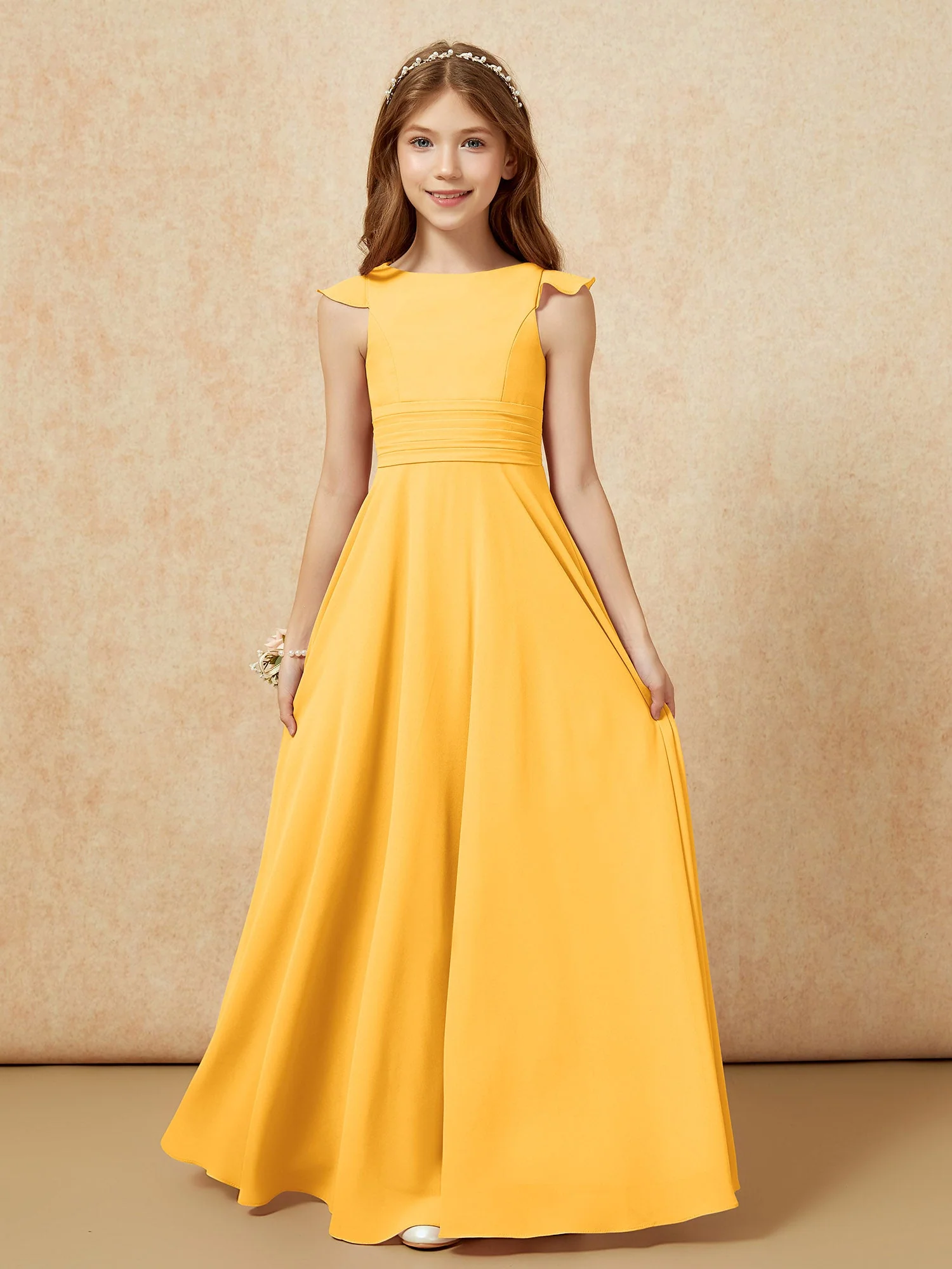 Rundhalsausschnitt Flatterärmel Chiffon Junge Brautjungfernkleider Mandarine