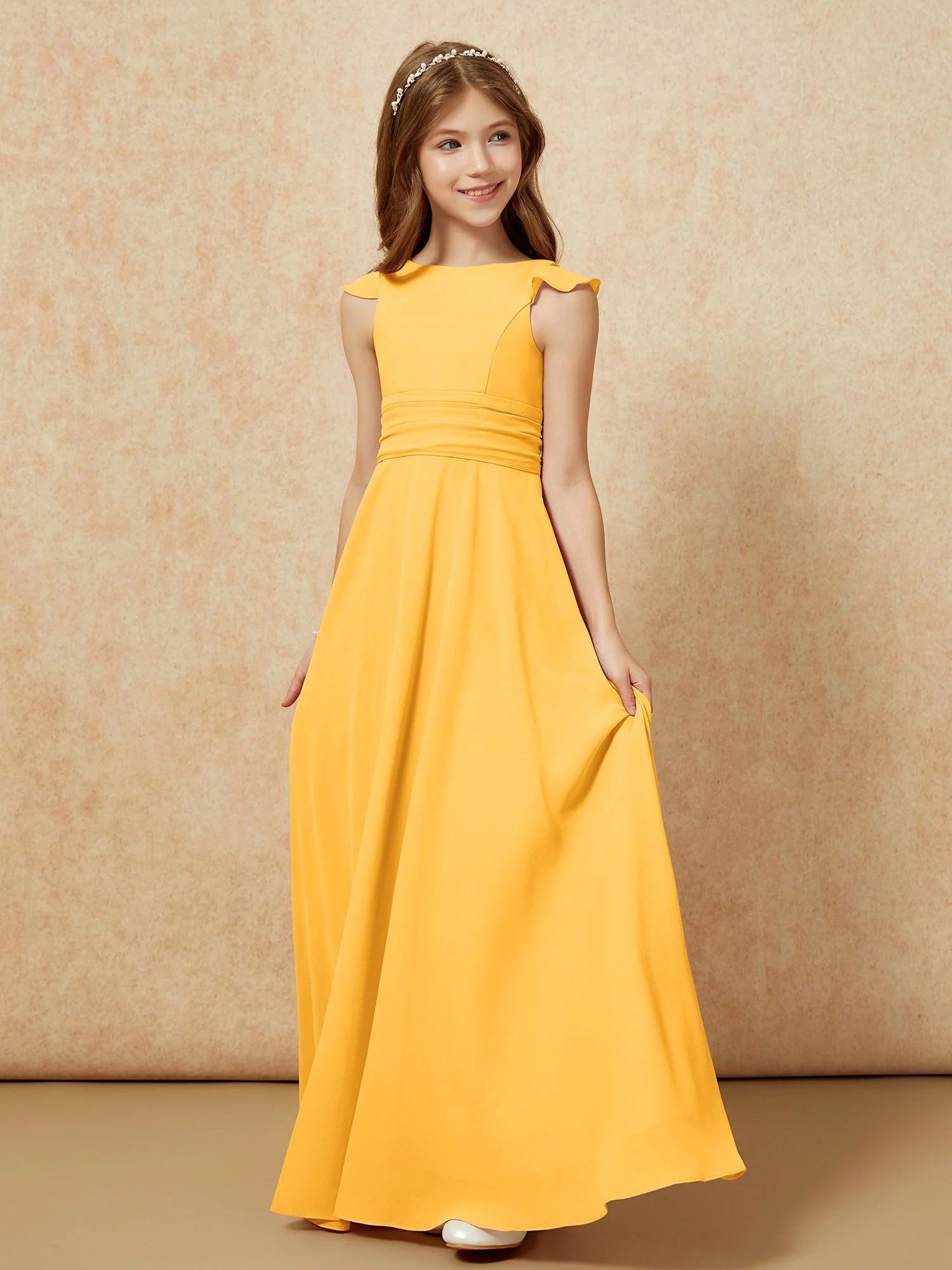 Rundhalsausschnitt Flatterärmel Chiffon Junge Brautjungfernkleider Mandarine - Image 3