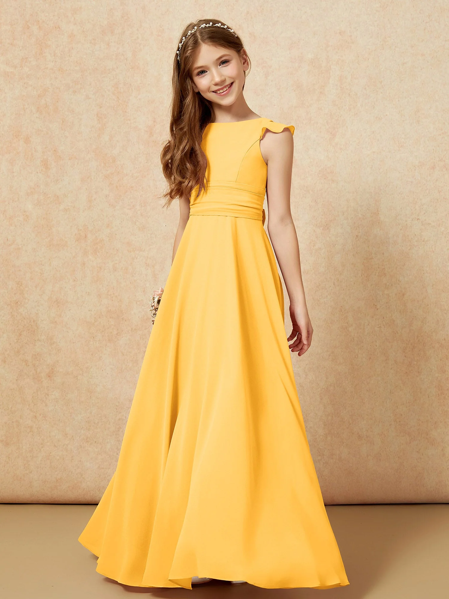 Rundhalsausschnitt Flatterärmel Chiffon Junge Brautjungfernkleider Mandarine - Image 4