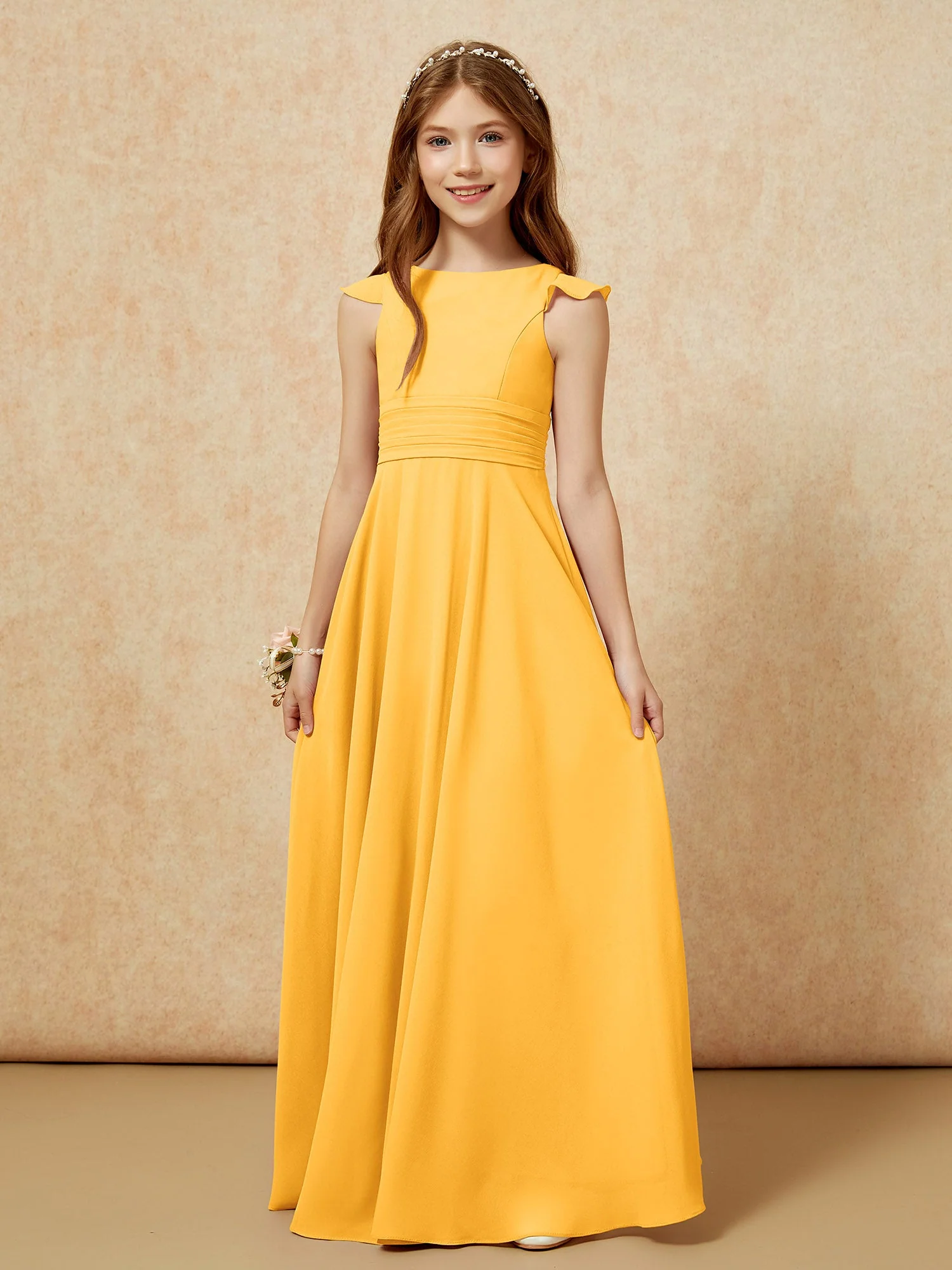 Rundhalsausschnitt Flatterärmel Chiffon Junge Brautjungfernkleider Mandarine - Image 6
