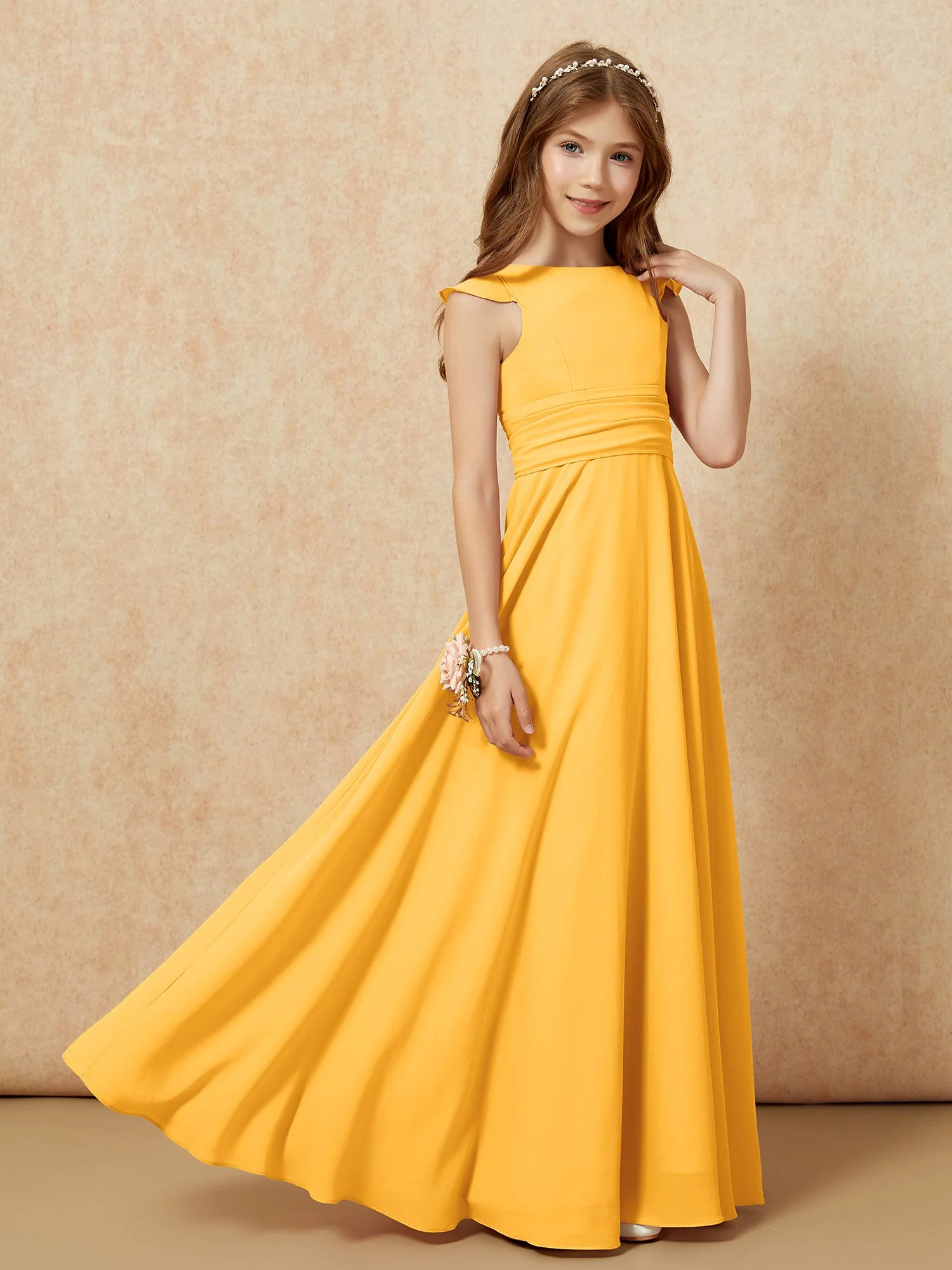 Rundhalsausschnitt Flatterärmel Chiffon Junge Brautjungfernkleider Mandarine - Image 7
