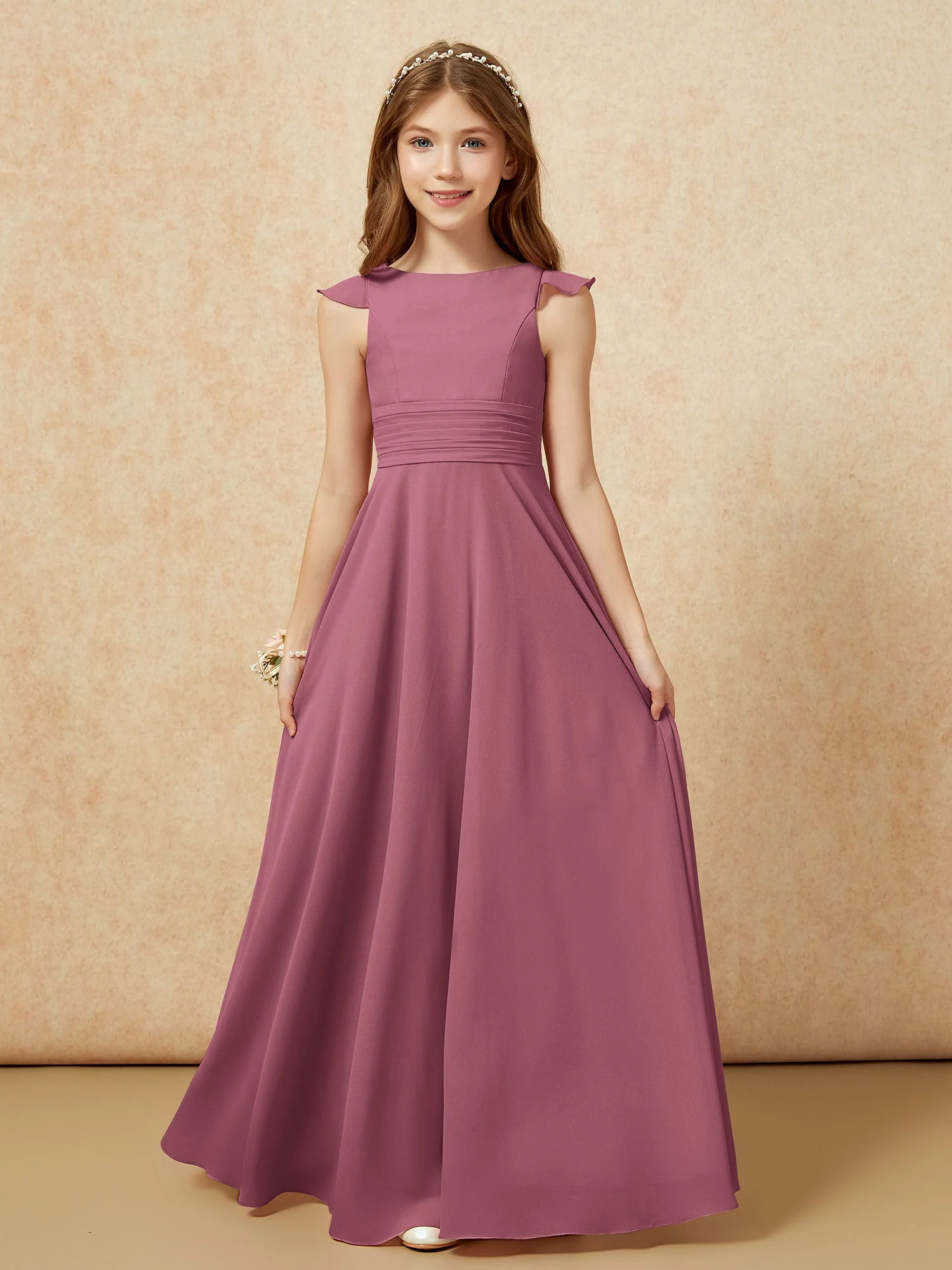 Rundhalsausschnitt Flatterärmel Chiffon Junge Brautjungfernkleider Maulbeere