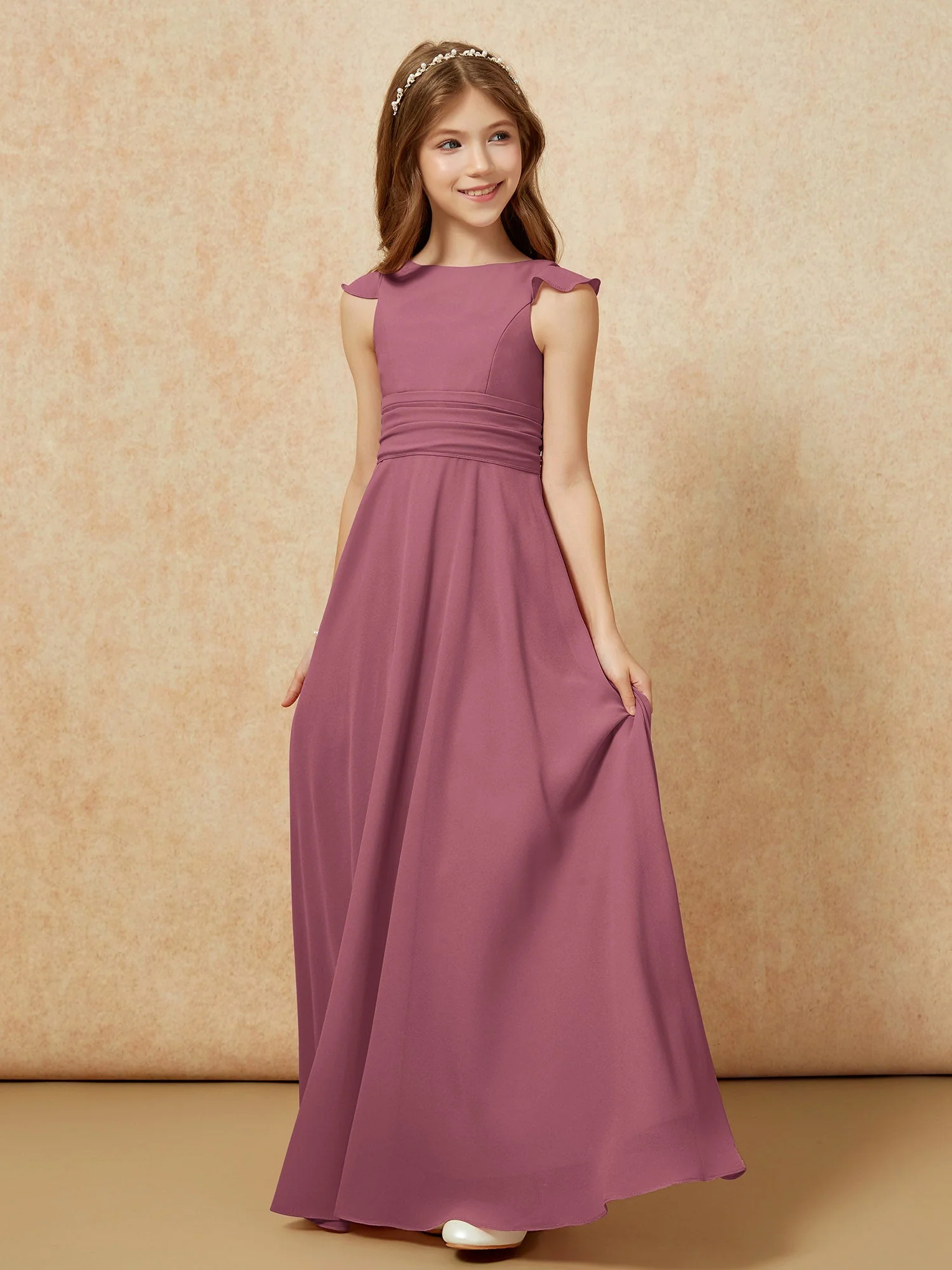 Rundhalsausschnitt Flatterärmel Chiffon Junge Brautjungfernkleider Maulbeere - Image 3