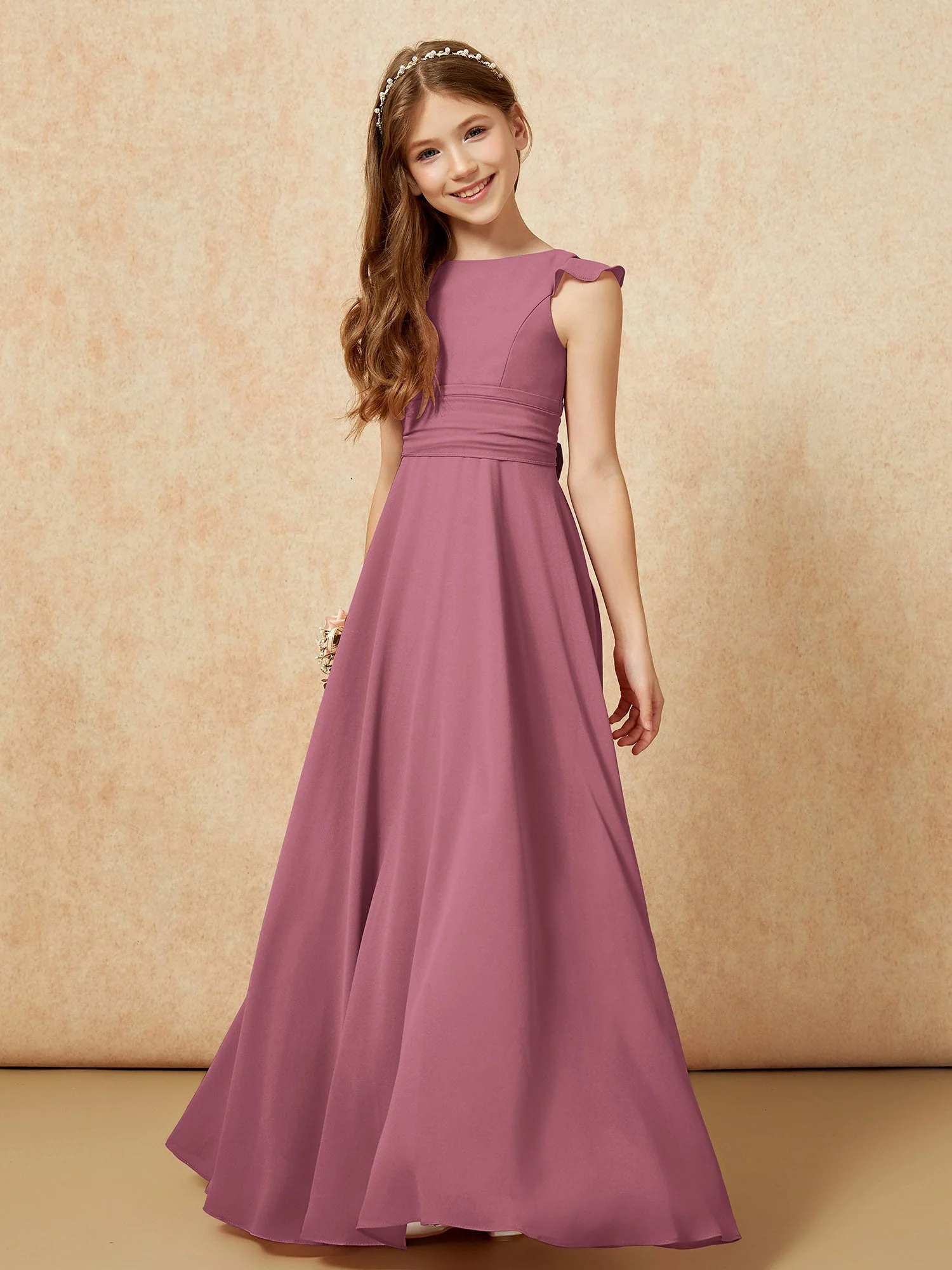 Rundhalsausschnitt Flatterärmel Chiffon Junge Brautjungfernkleider Maulbeere - Image 4