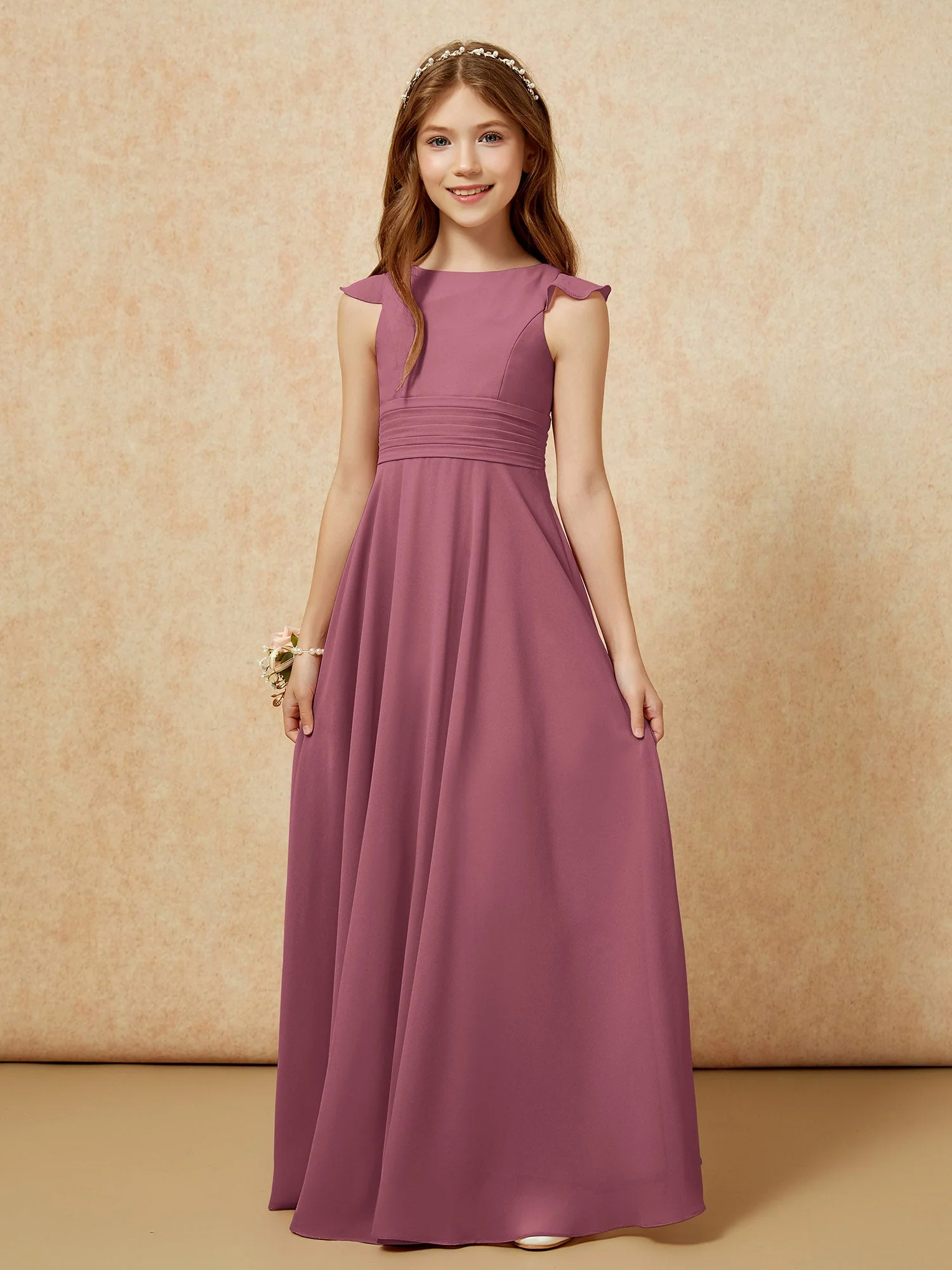 Rundhalsausschnitt Flatterärmel Chiffon Junge Brautjungfernkleider Maulbeere - Image 6