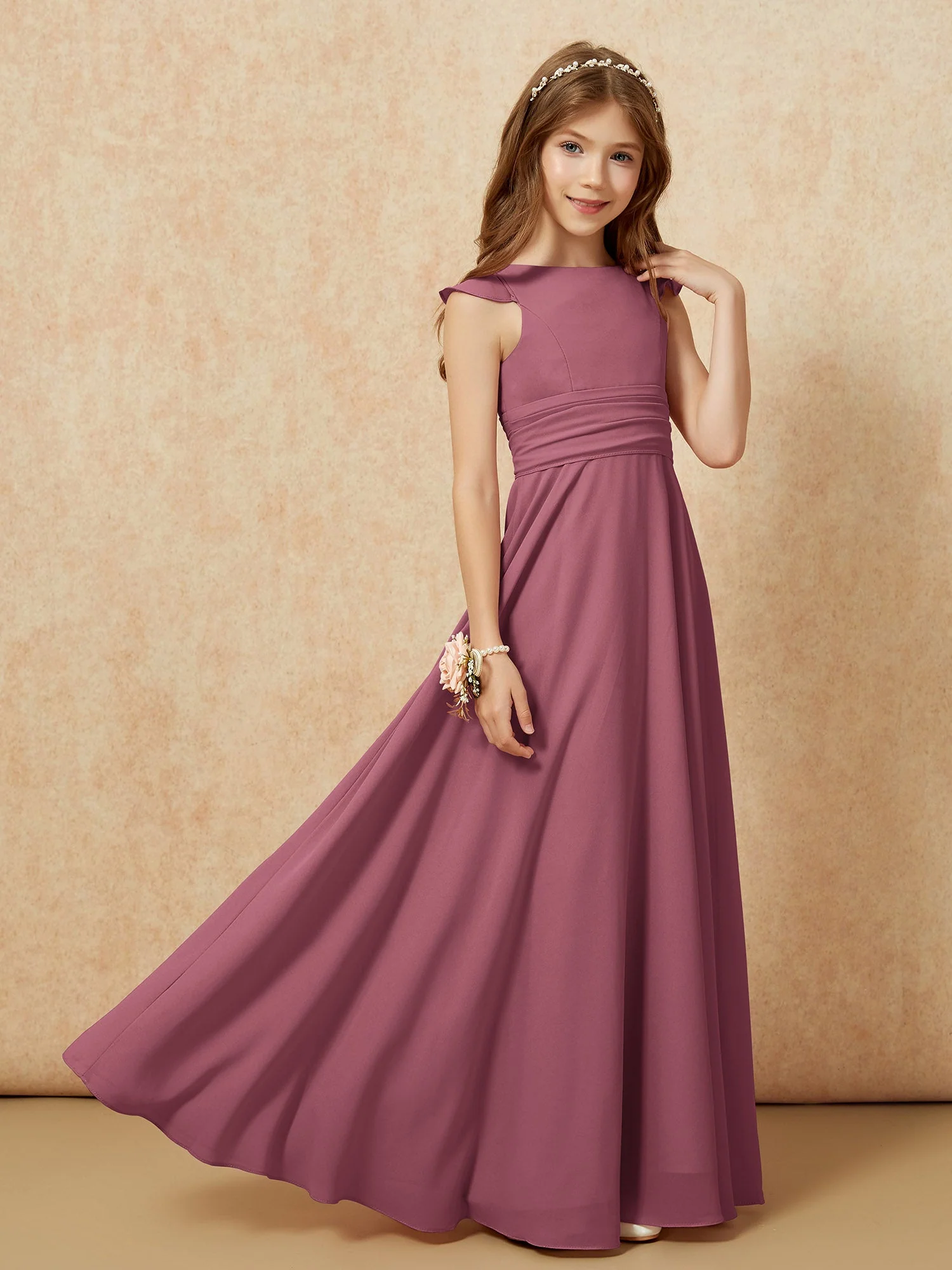 Rundhalsausschnitt Flatterärmel Chiffon Junge Brautjungfernkleider Maulbeere - Image 7