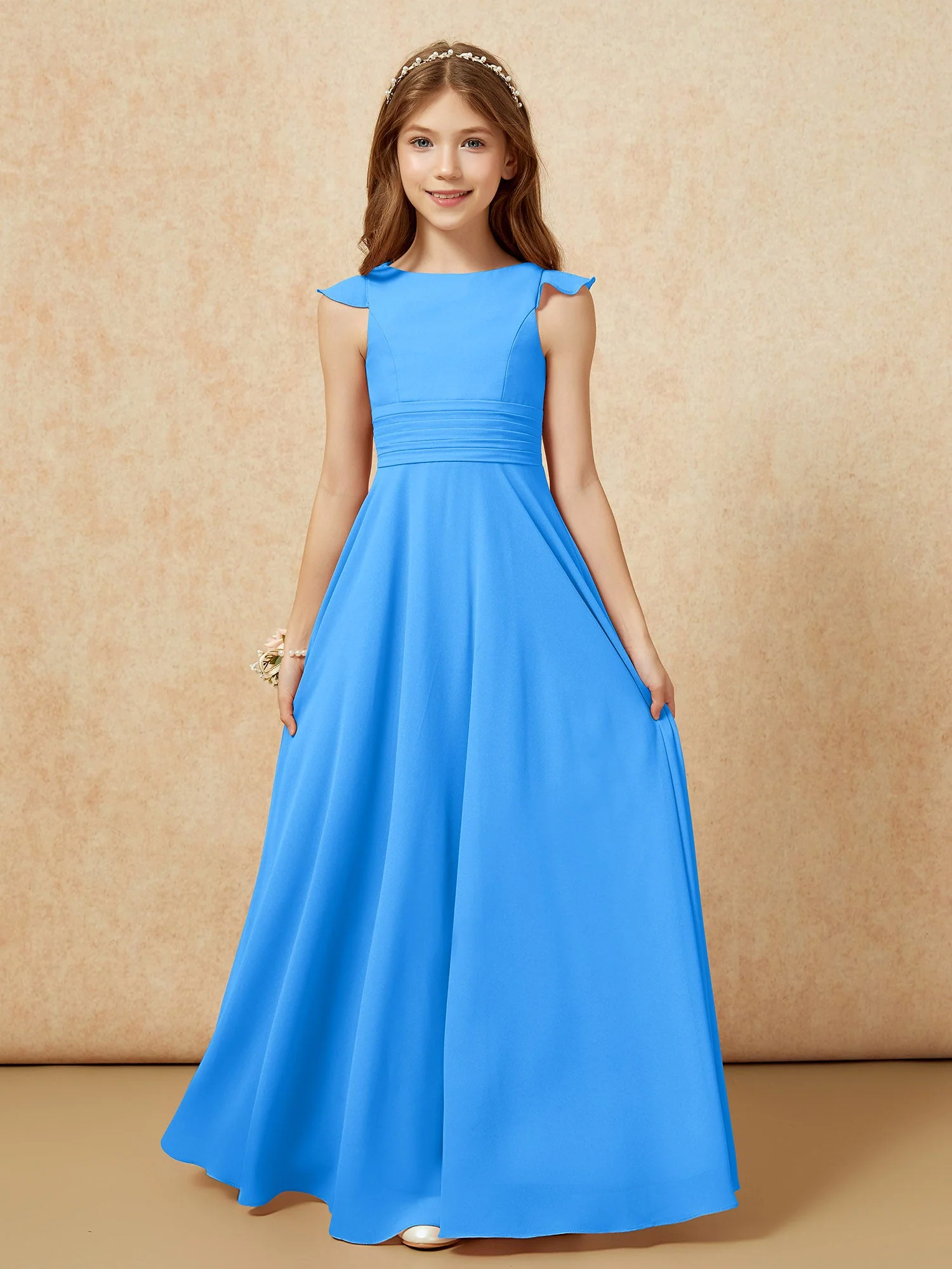 Rundhalsausschnitt Flatterärmel Chiffon Junge Brautjungfernkleider Meerblau