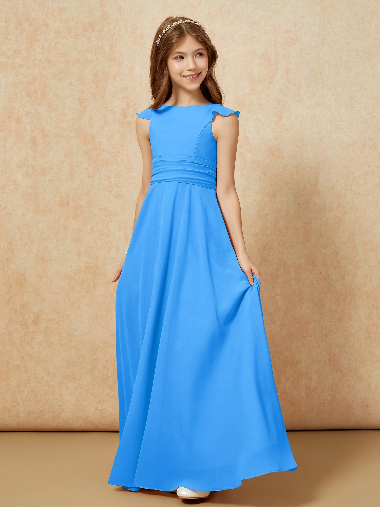 Rundhalsausschnitt Flatterärmel Chiffon Junge Brautjungfernkleider Meerblau - Image 3