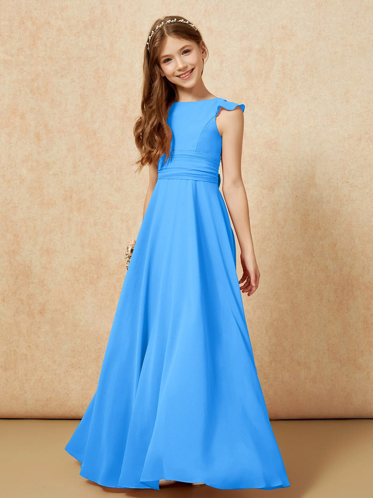 Rundhalsausschnitt Flatterärmel Chiffon Junge Brautjungfernkleider Meerblau - Image 4