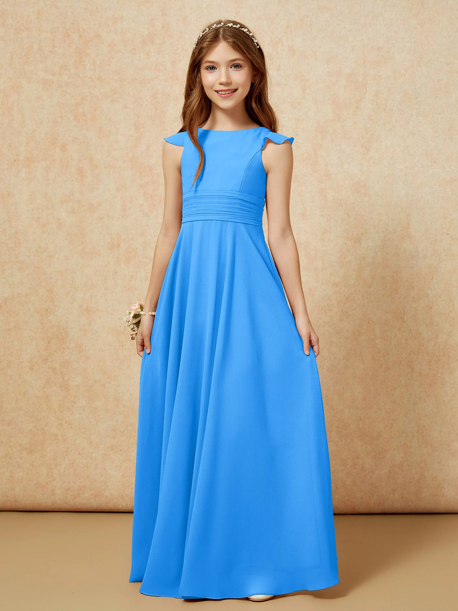 Rundhalsausschnitt Flatterärmel Chiffon Junge Brautjungfernkleider Meerblau - Image 6