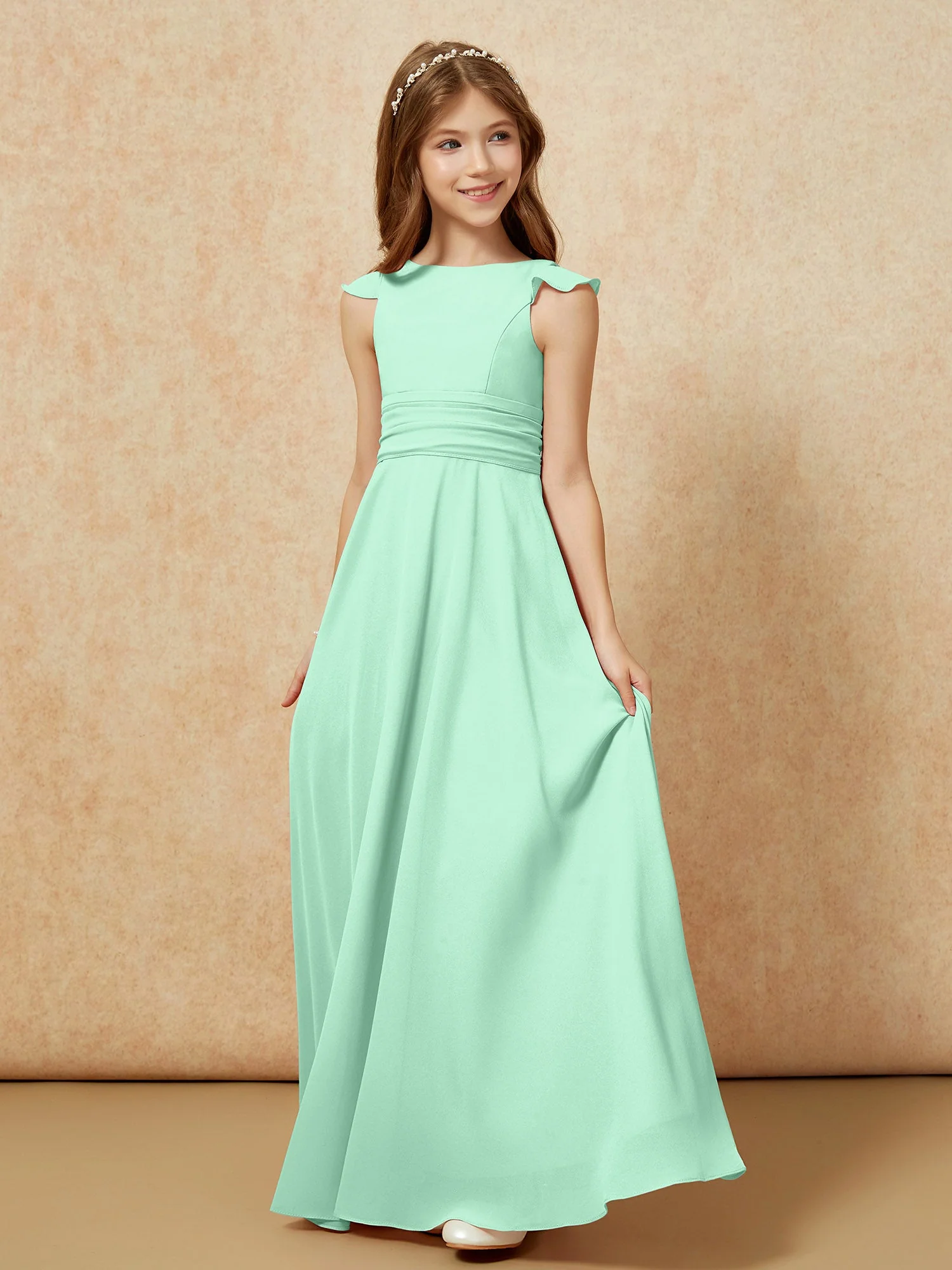Rundhalsausschnitt Flatterärmel Chiffon Junge Brautjungfernkleider Minzgrün - Image 3