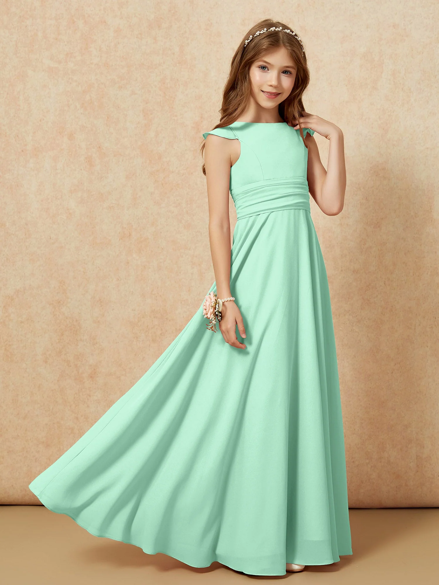 Rundhalsausschnitt Flatterärmel Chiffon Junge Brautjungfernkleider Minzgrün - Image 7