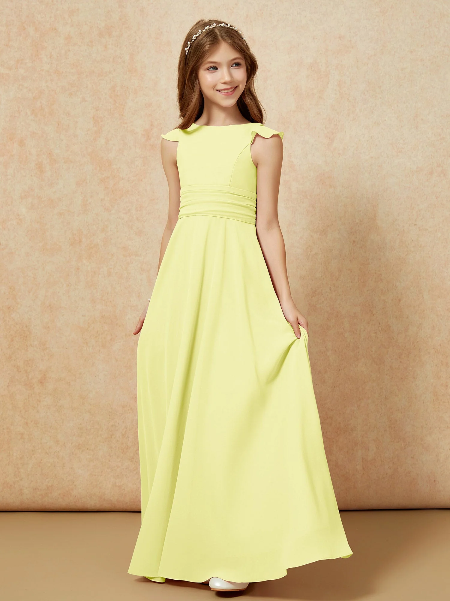 Rundhalsausschnitt Flatterärmel Chiffon Junge Brautjungfernkleider Narzisse - Image 3