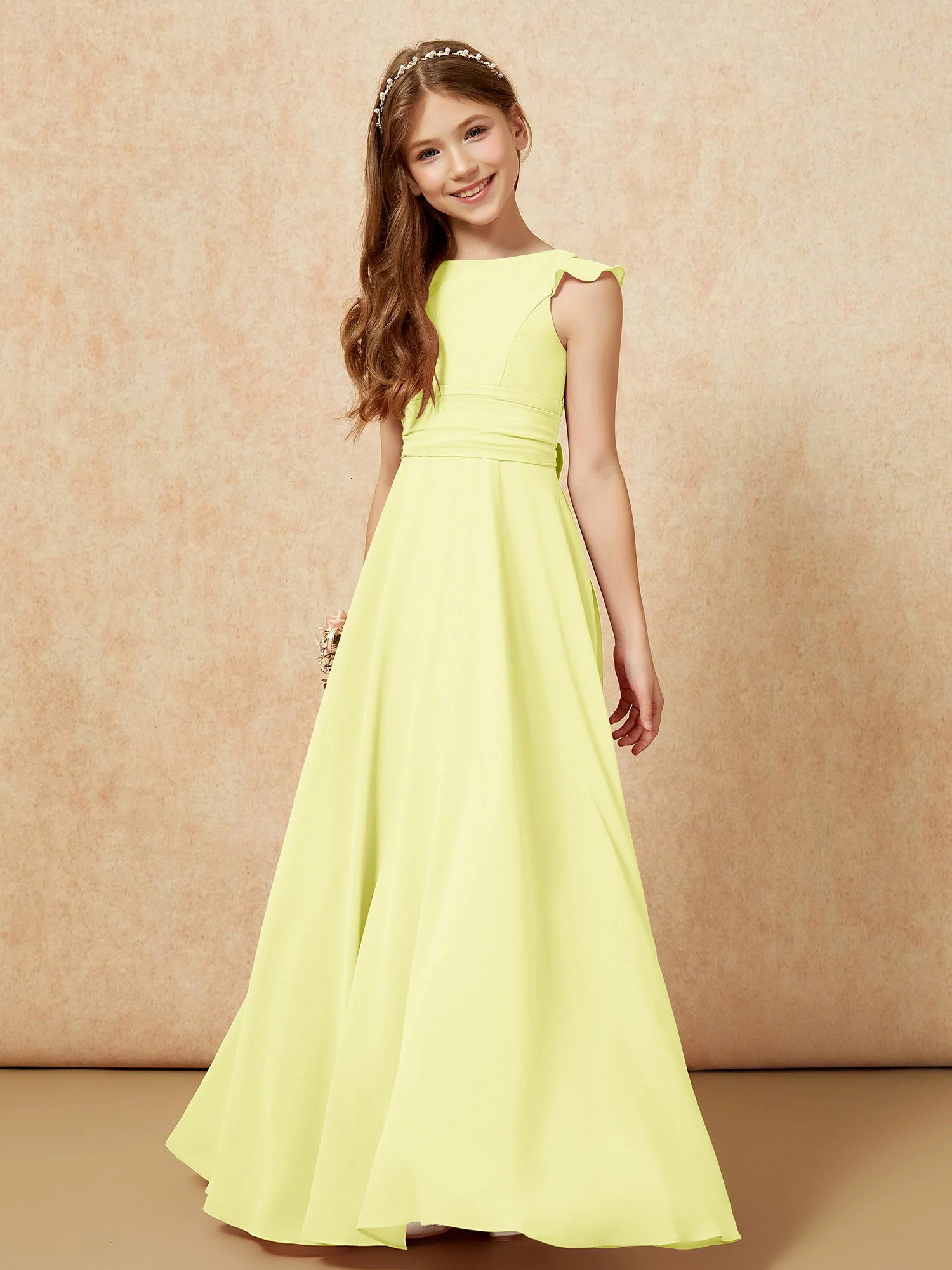 Rundhalsausschnitt Flatterärmel Chiffon Junge Brautjungfernkleider Narzisse - Image 4