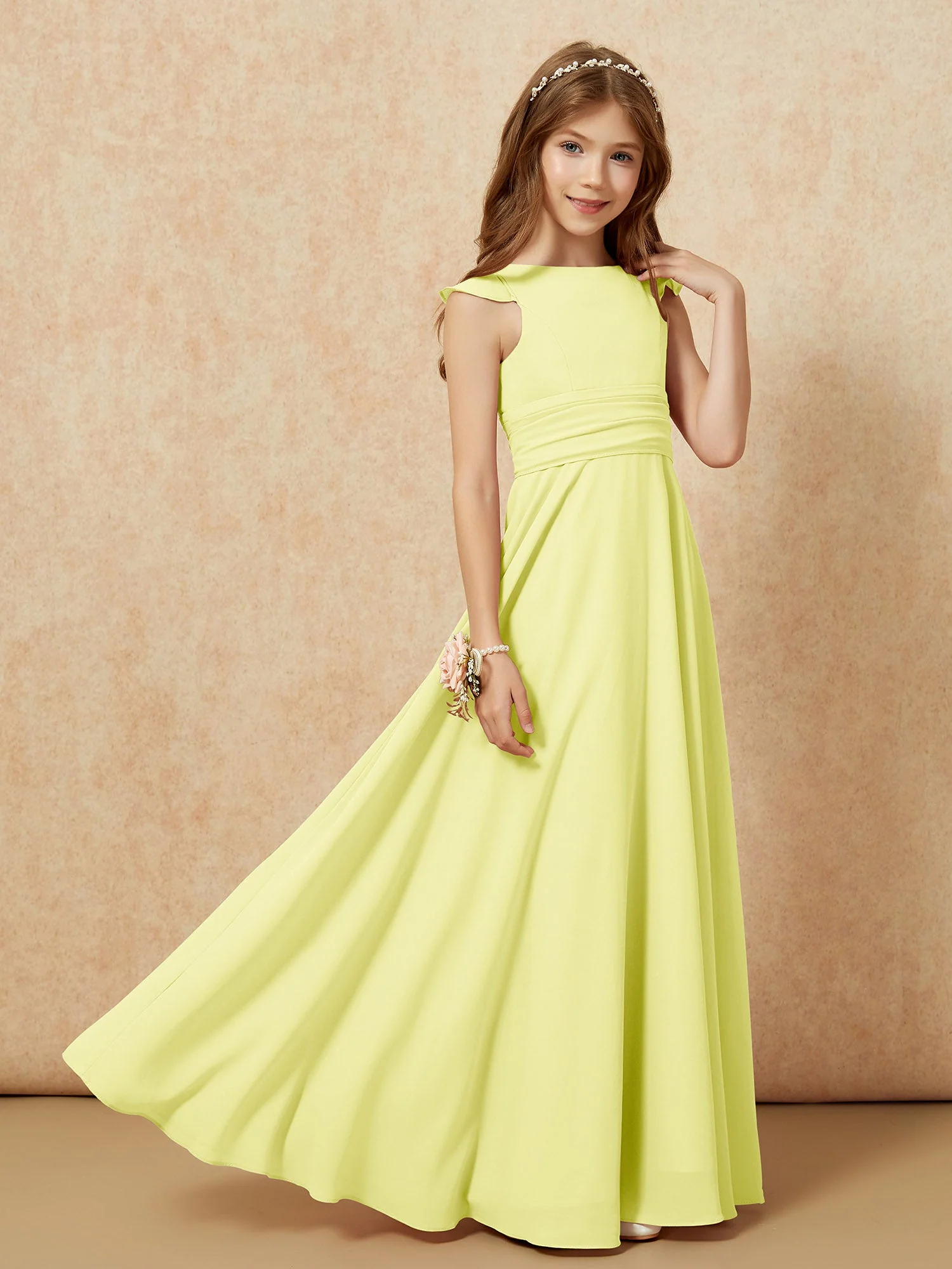 Rundhalsausschnitt Flatterärmel Chiffon Junge Brautjungfernkleider Narzisse - Image 7