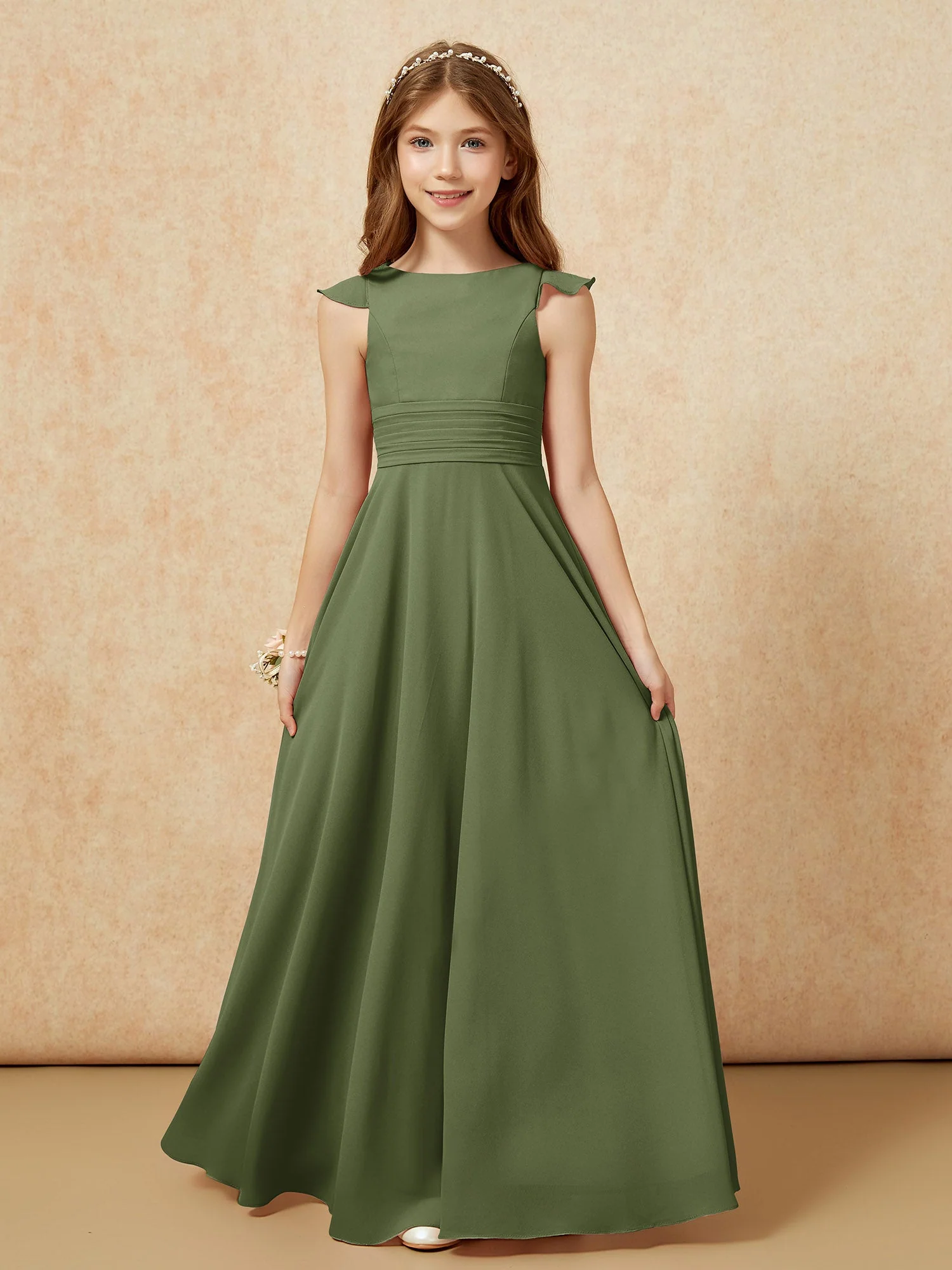 Rundhalsausschnitt Flatterärmel Chiffon Junge Brautjungfernkleider Olivgrün