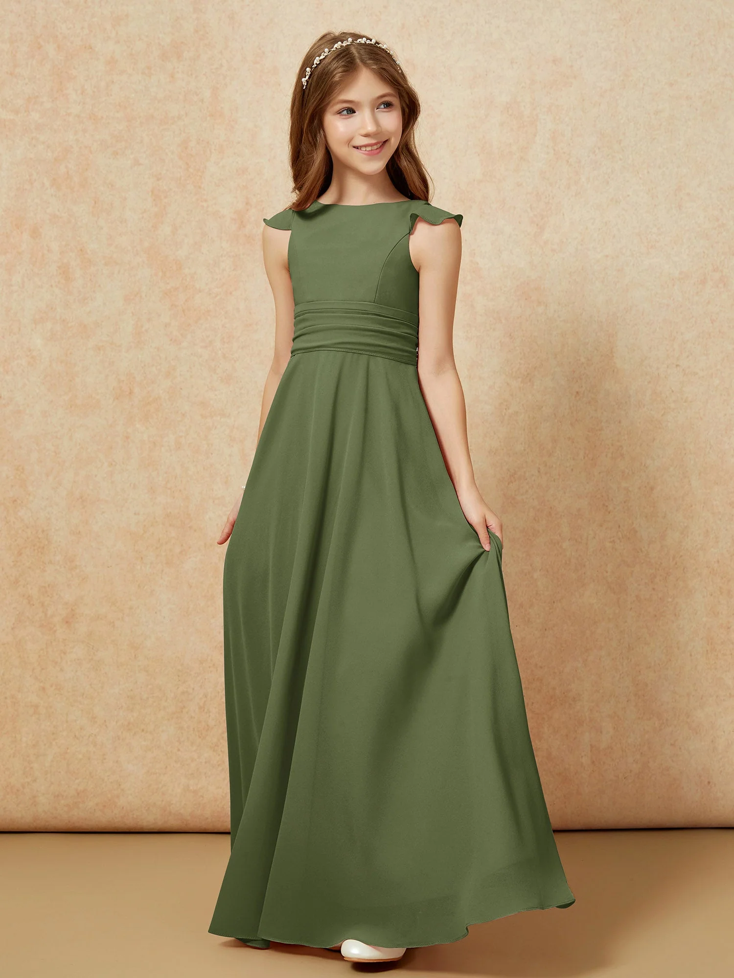 Rundhalsausschnitt Flatterärmel Chiffon Junge Brautjungfernkleider Olivgrün - Image 3
