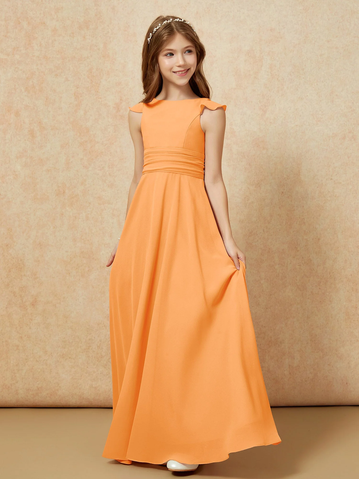 Rundhalsausschnitt Flatterärmel Chiffon Junge Brautjungfernkleider Orange - Image 3