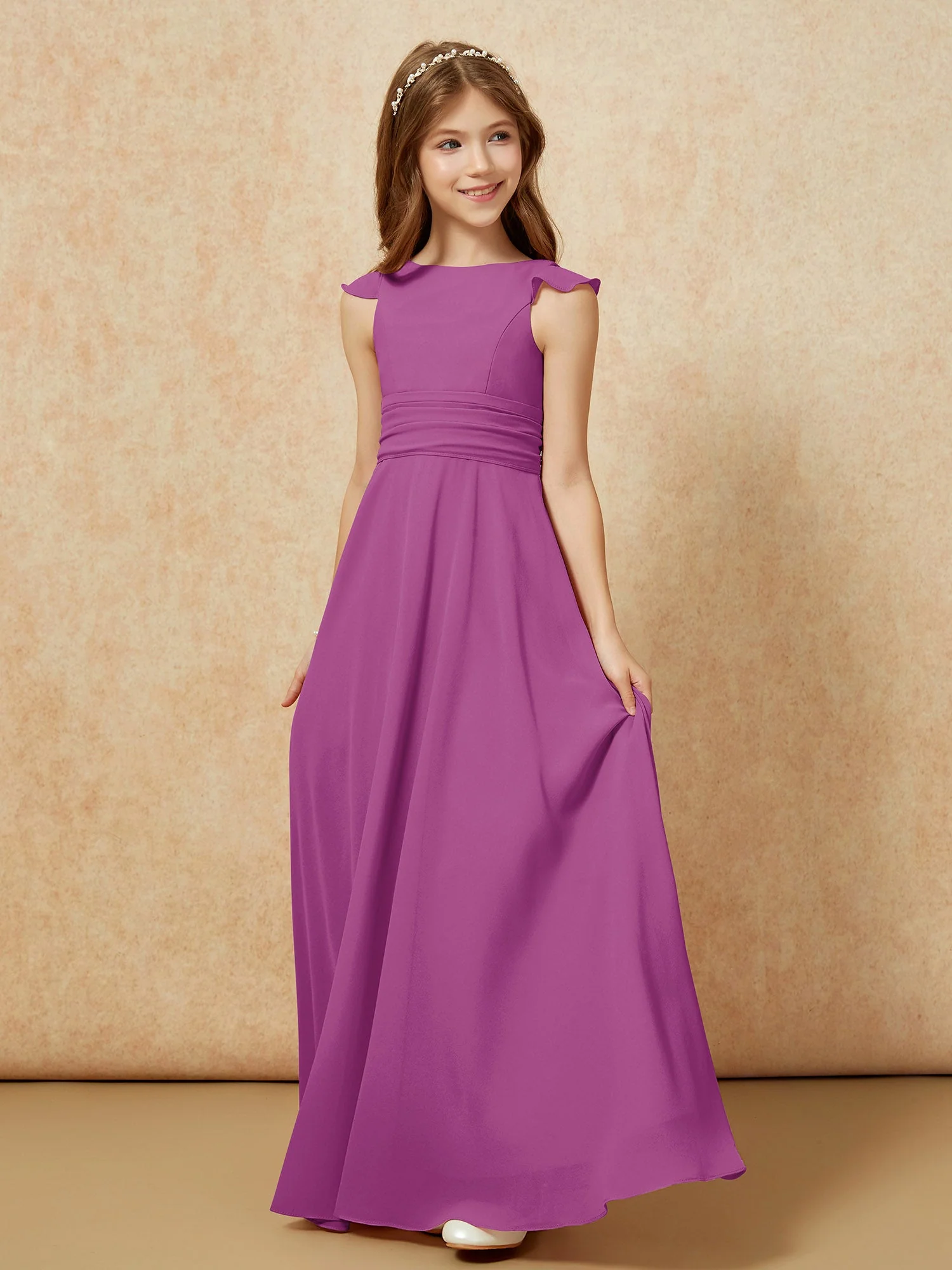 Rundhalsausschnitt Flatterärmel Chiffon Junge Brautjungfernkleider Orchidee - Image 3