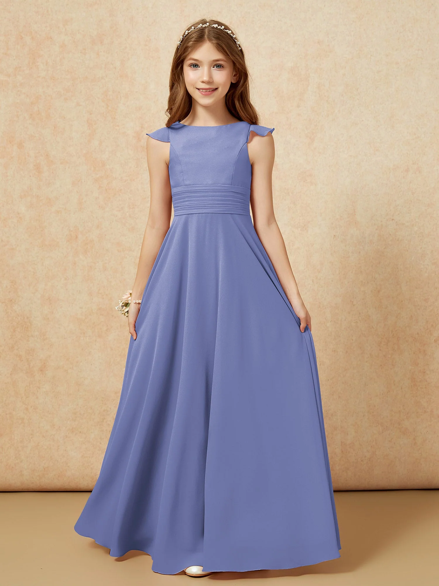 Rundhalsausschnitt Flatterärmel Chiffon Junge Brautjungfernkleider Periwinkleblau