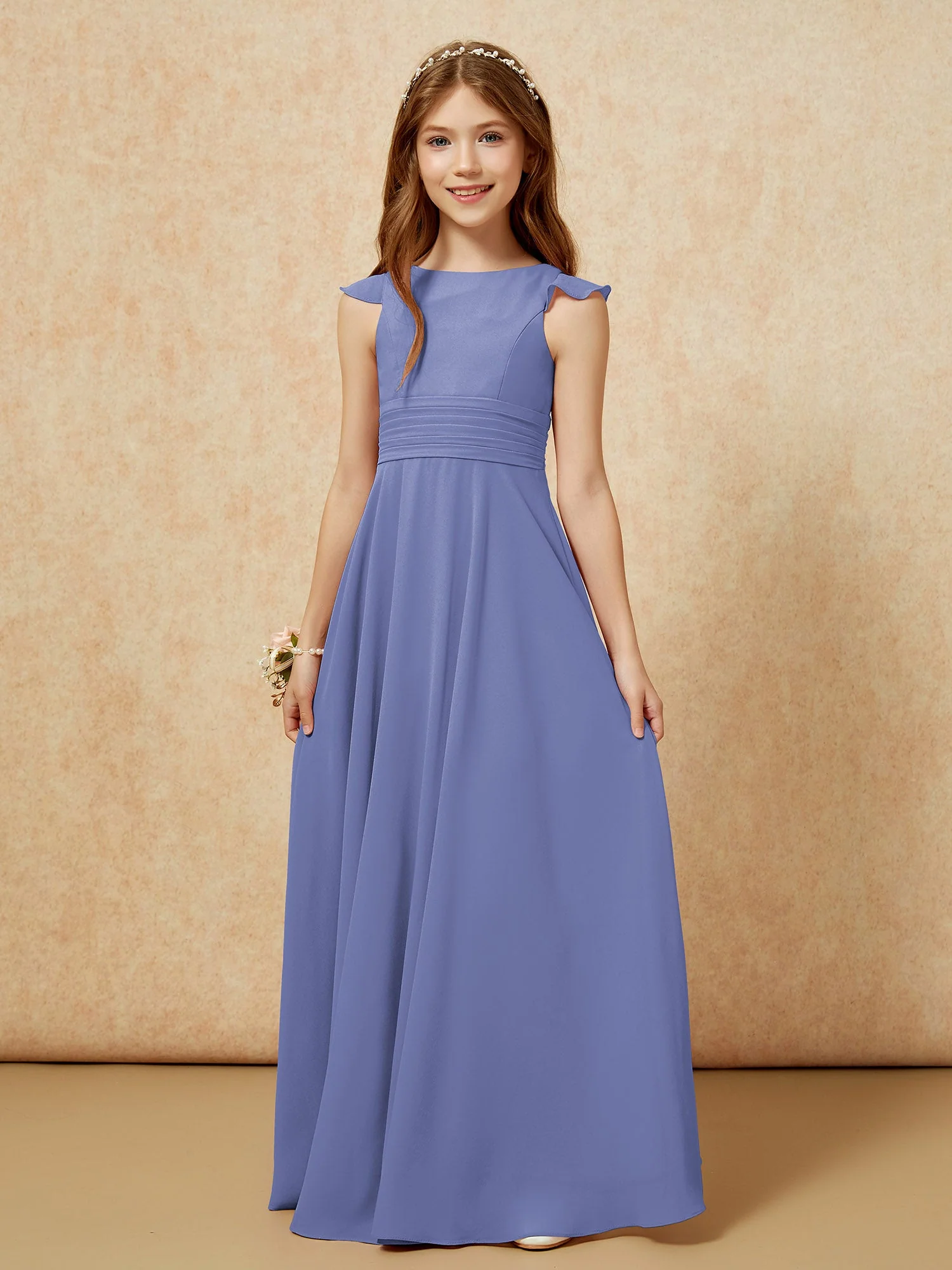 Rundhalsausschnitt Flatterärmel Chiffon Junge Brautjungfernkleider Periwinkleblau - Image 6