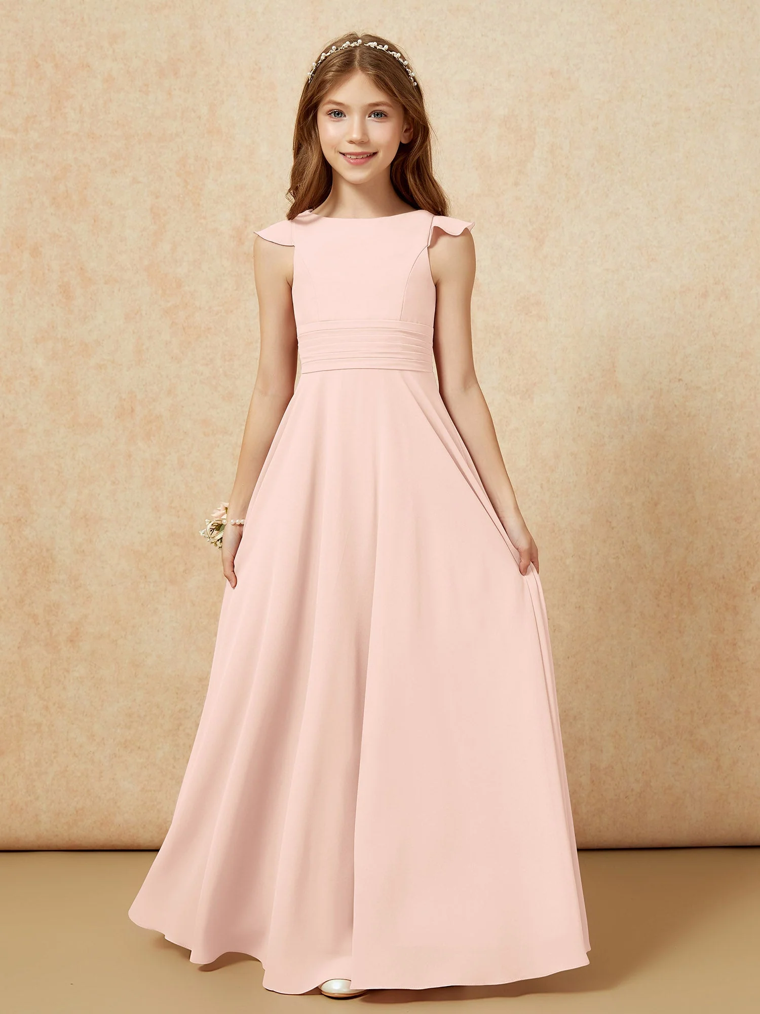 Rundhalsausschnitt Flatterärmel Chiffon Junge Brautjungfernkleider Perlrosa