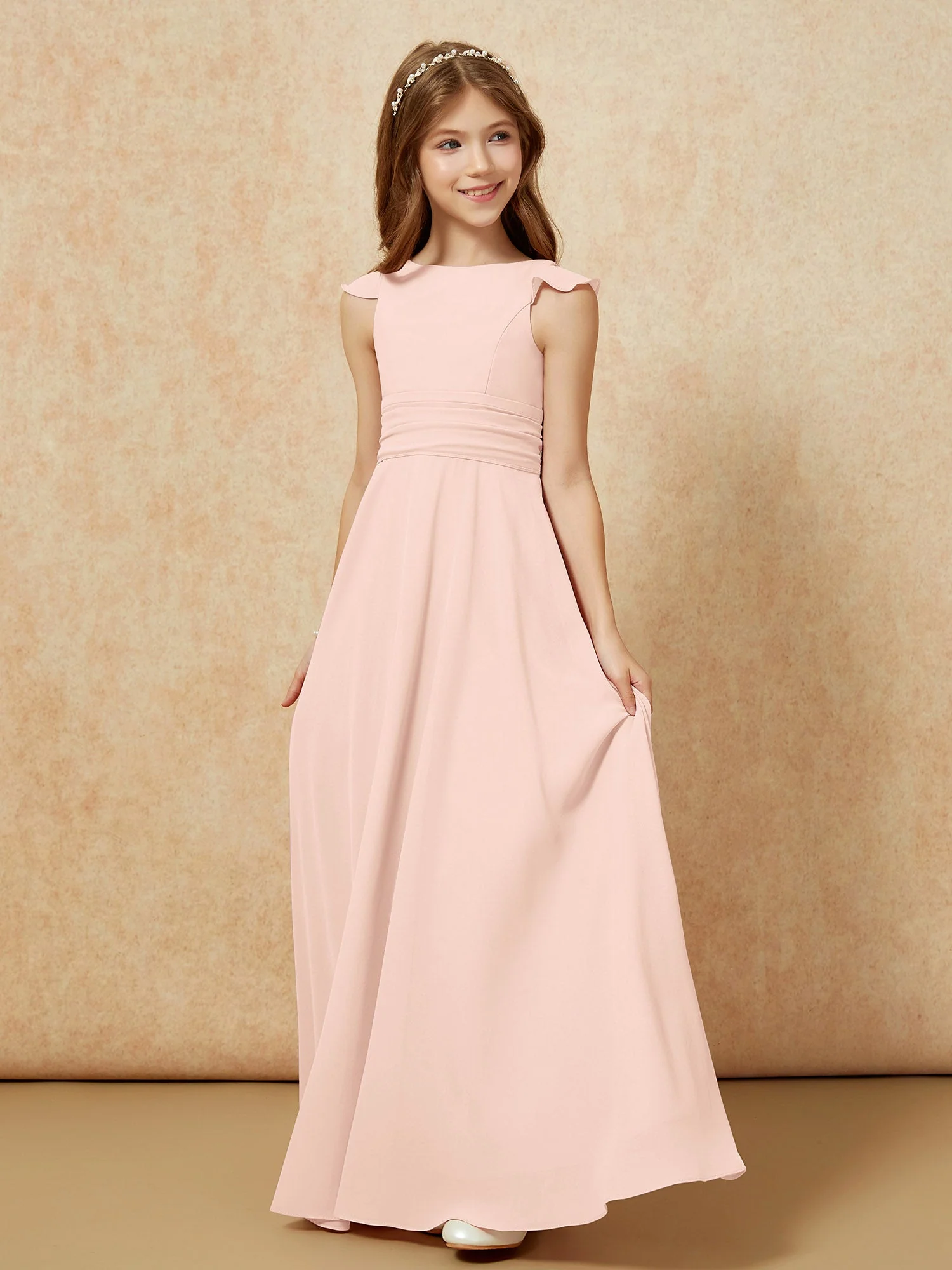 Rundhalsausschnitt Flatterärmel Chiffon Junge Brautjungfernkleider Perlrosa - Image 3