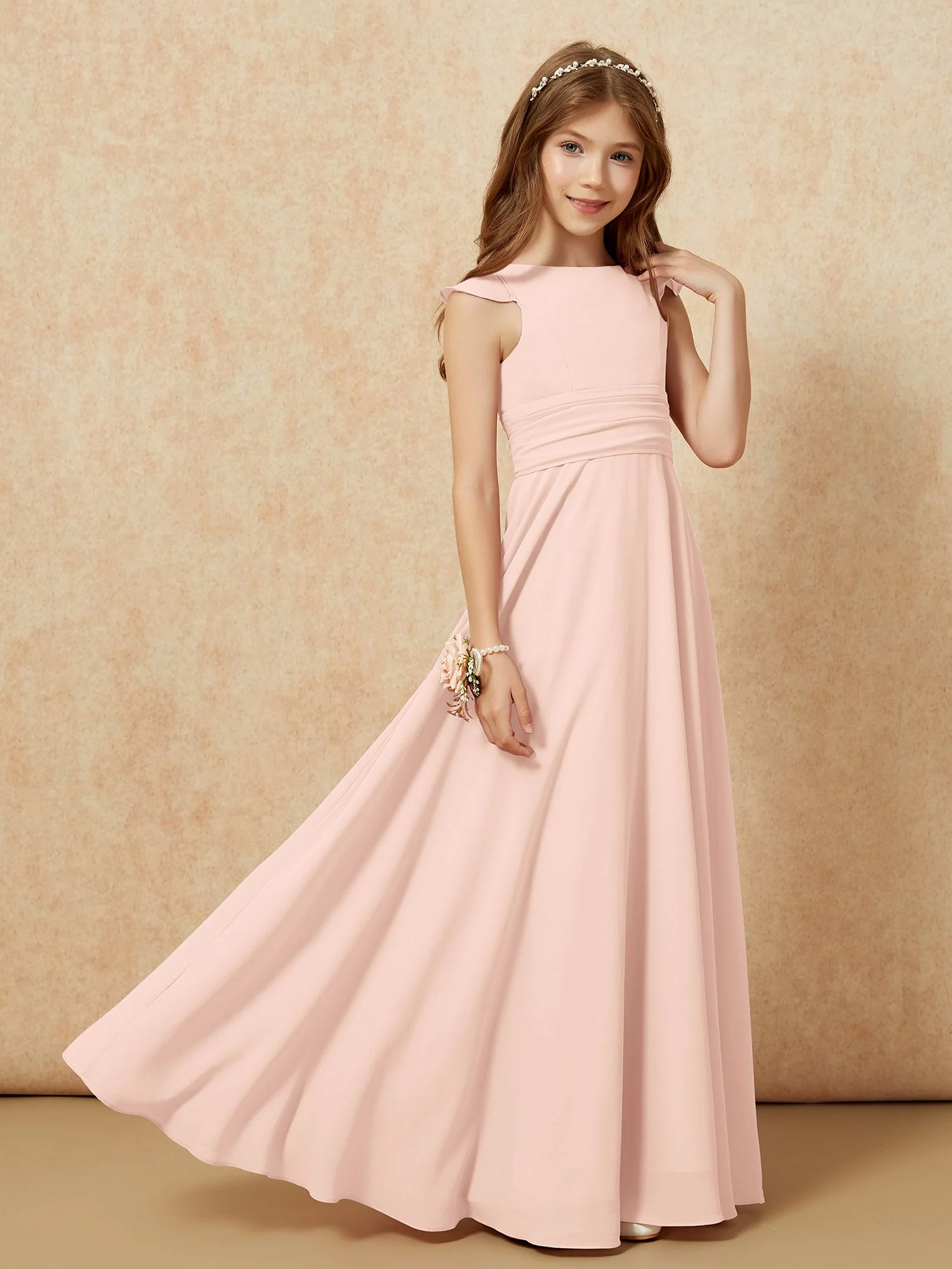 Rundhalsausschnitt Flatterärmel Chiffon Junge Brautjungfernkleider Perlrosa - Image 7
