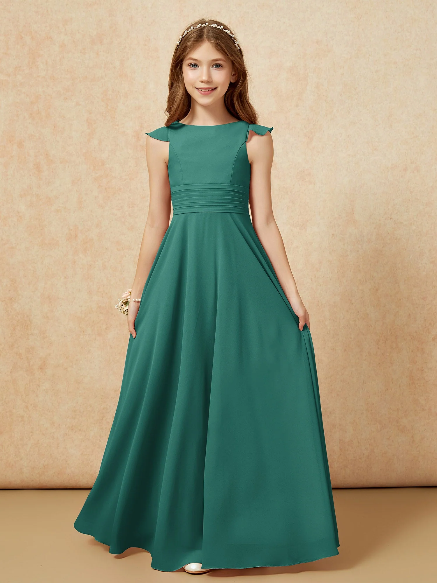Rundhalsausschnitt Flatterärmel Chiffon Junge Brautjungfernkleider Pfau