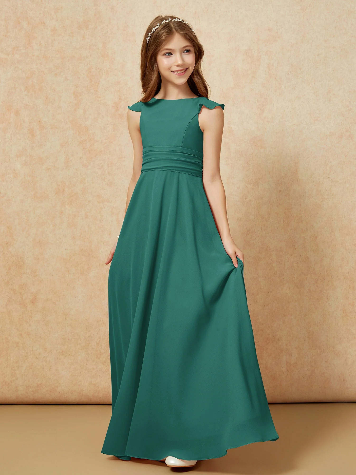 Rundhalsausschnitt Flatterärmel Chiffon Junge Brautjungfernkleider Pfau - Image 3