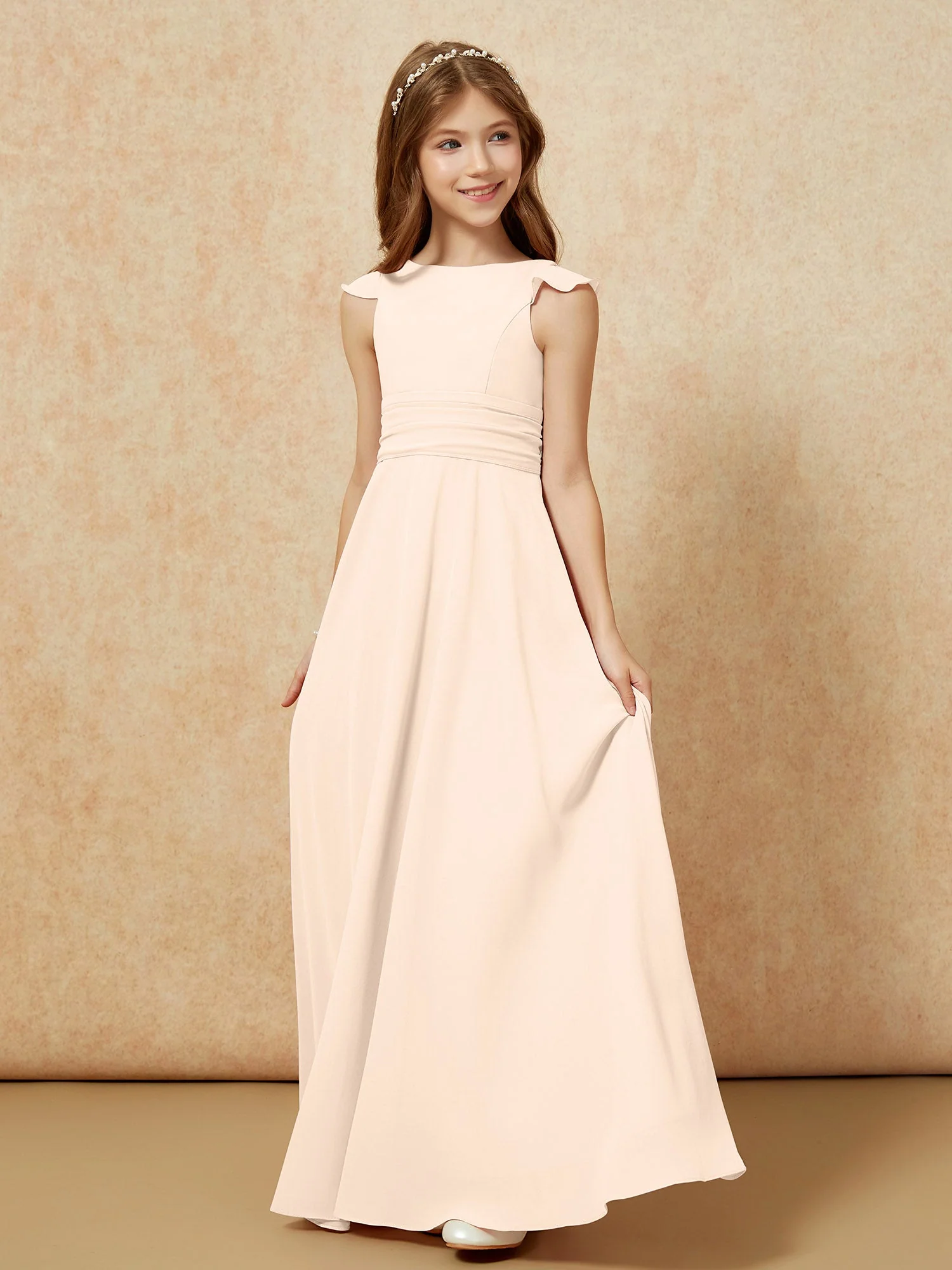 Rundhalsausschnitt Flatterärmel Chiffon Junge Brautjungfernkleider Pfirsich - Image 3
