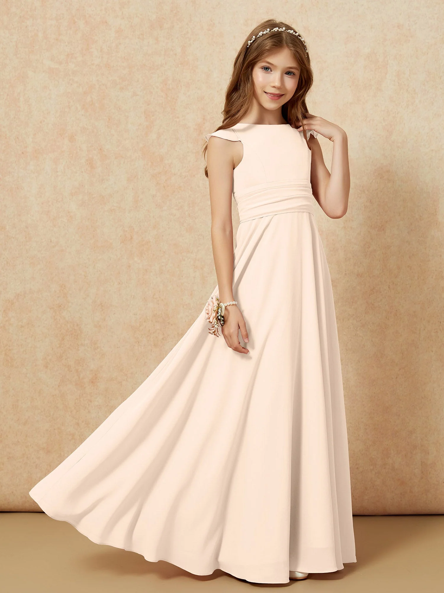 Rundhalsausschnitt Flatterärmel Chiffon Junge Brautjungfernkleider Pfirsich - Image 7