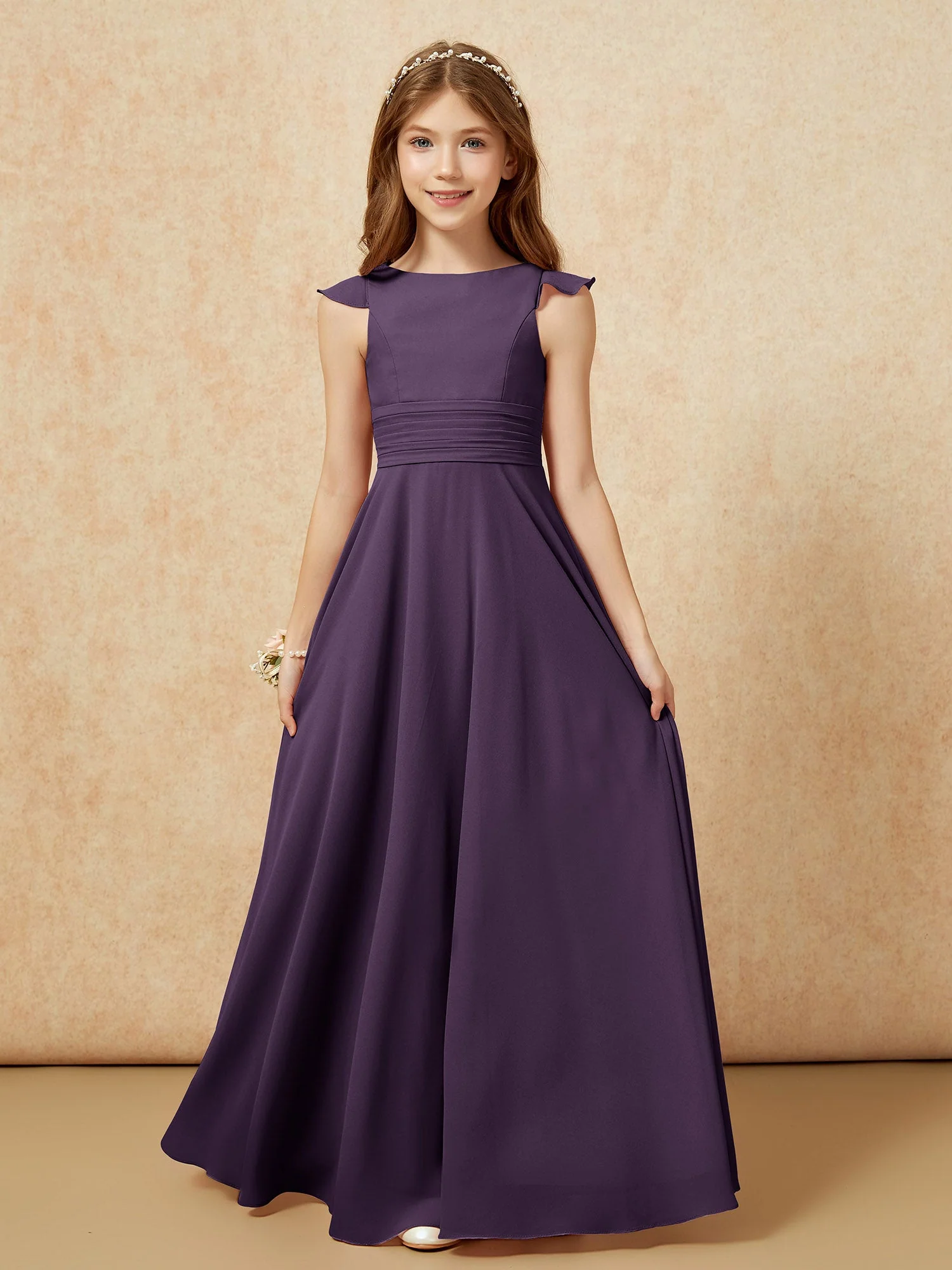 Rundhalsausschnitt Flatterärmel Chiffon Junge Brautjungfernkleider Plum