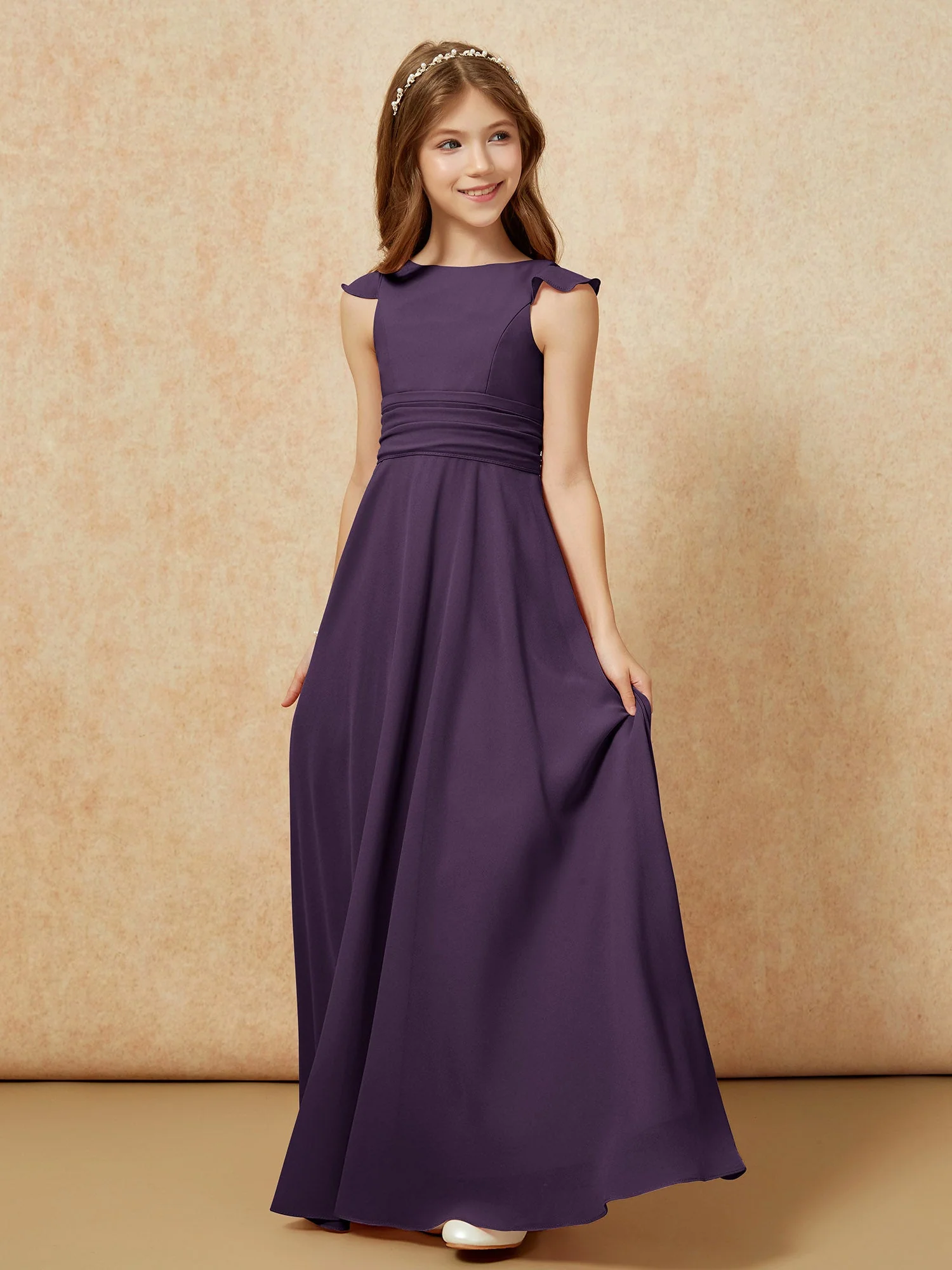 Rundhalsausschnitt Flatterärmel Chiffon Junge Brautjungfernkleider Plum - Image 3
