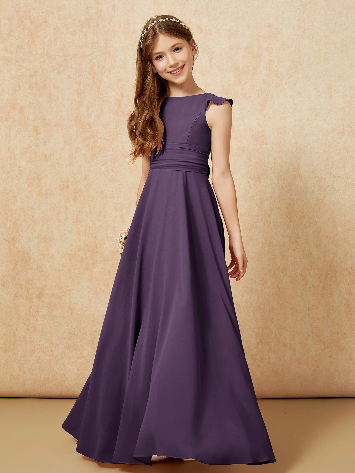 Rundhalsausschnitt Flatterärmel Chiffon Junge Brautjungfernkleider Plum - Image 4