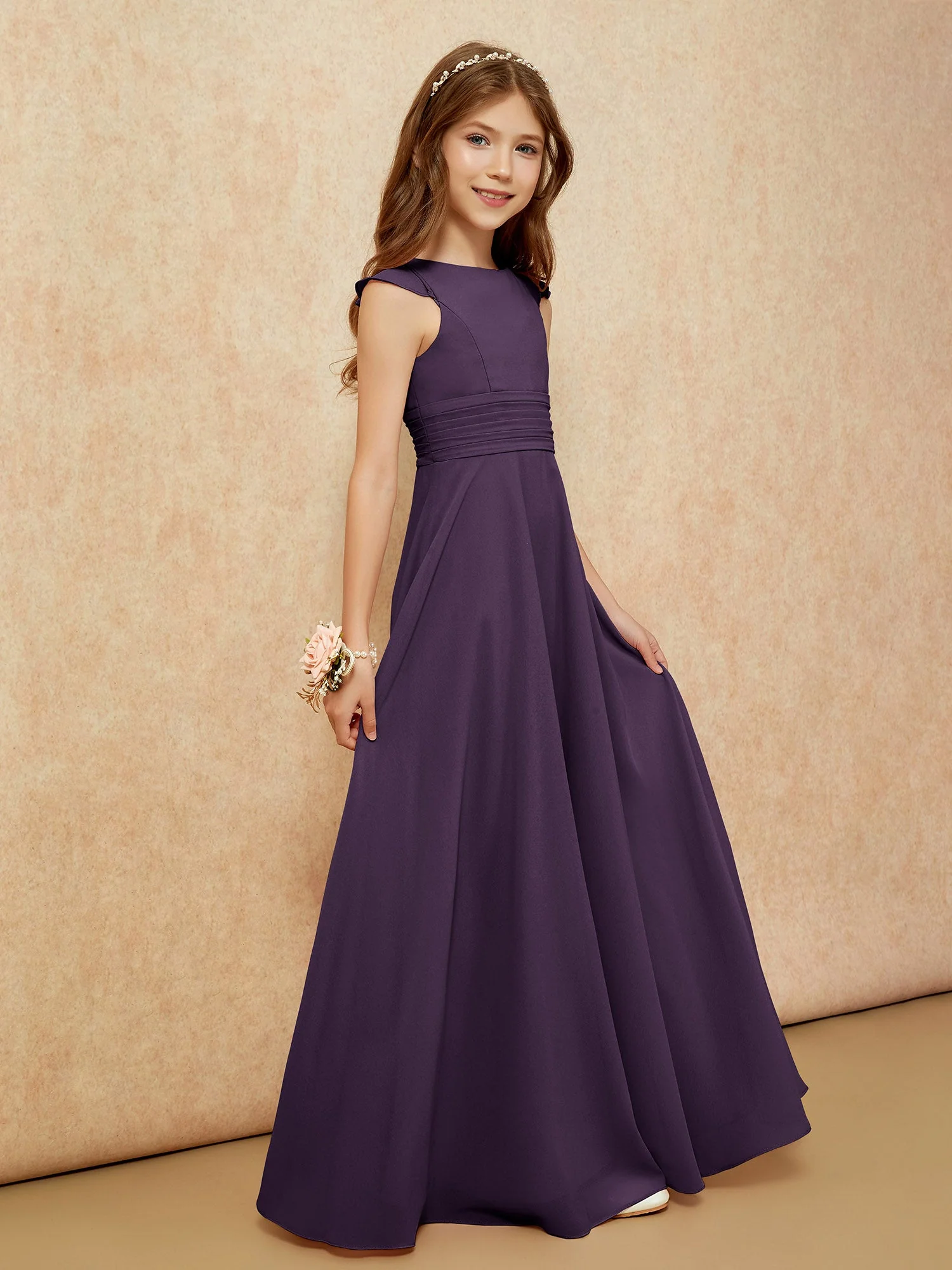 Rundhalsausschnitt Flatterärmel Chiffon Junge Brautjungfernkleider Plum - Image 5