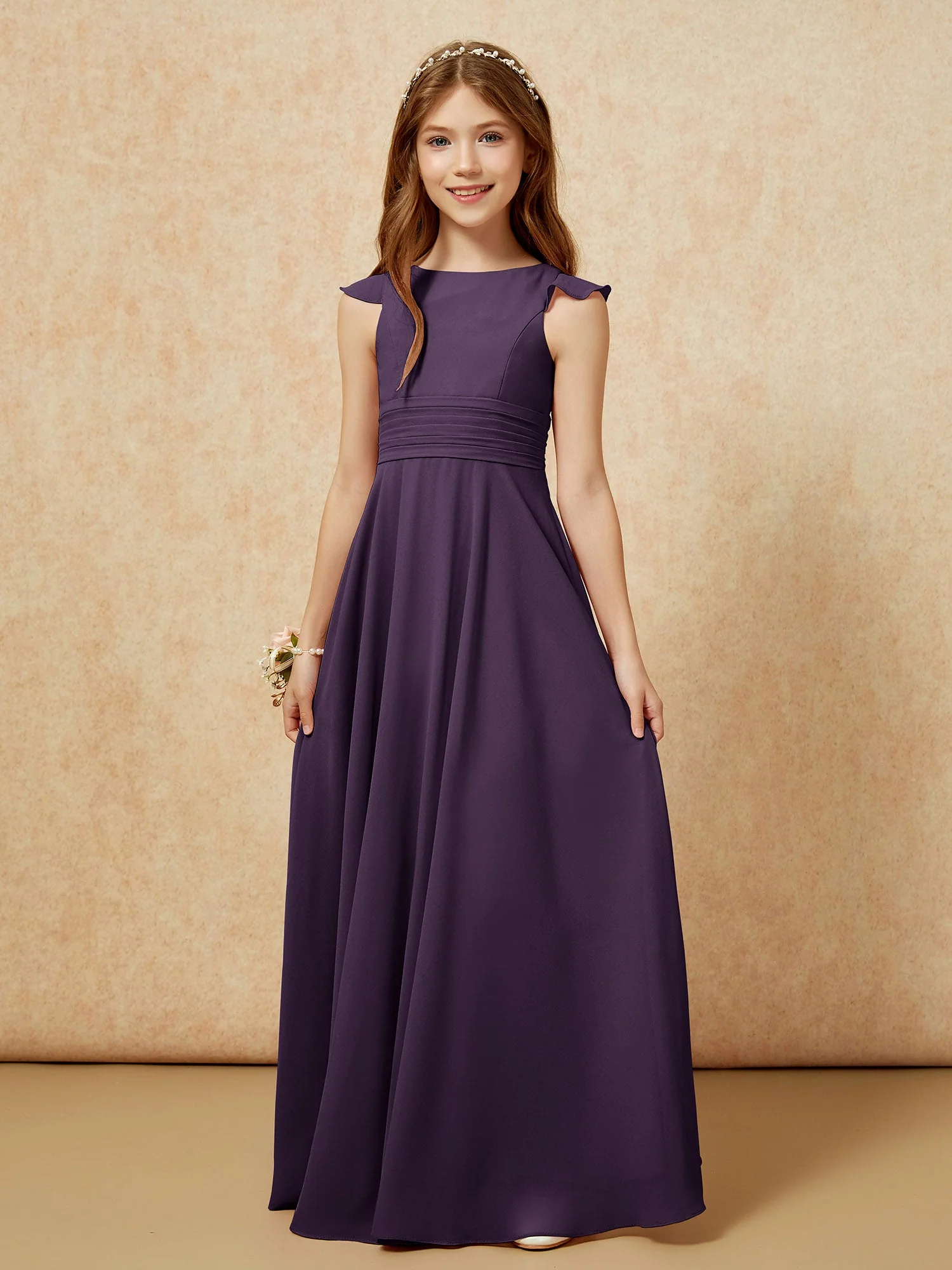 Rundhalsausschnitt Flatterärmel Chiffon Junge Brautjungfernkleider Plum - Image 6