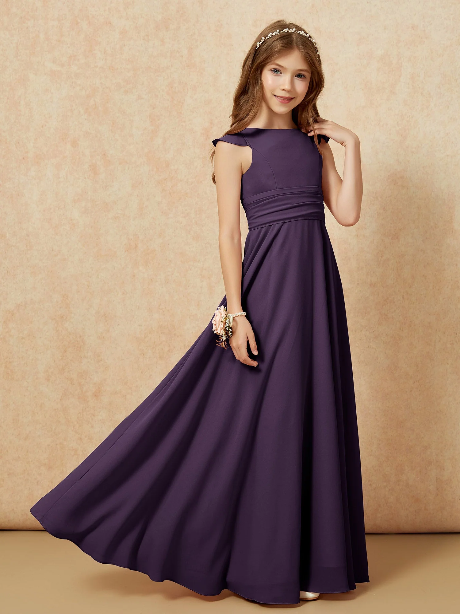 Rundhalsausschnitt Flatterärmel Chiffon Junge Brautjungfernkleider Plum - Image 7