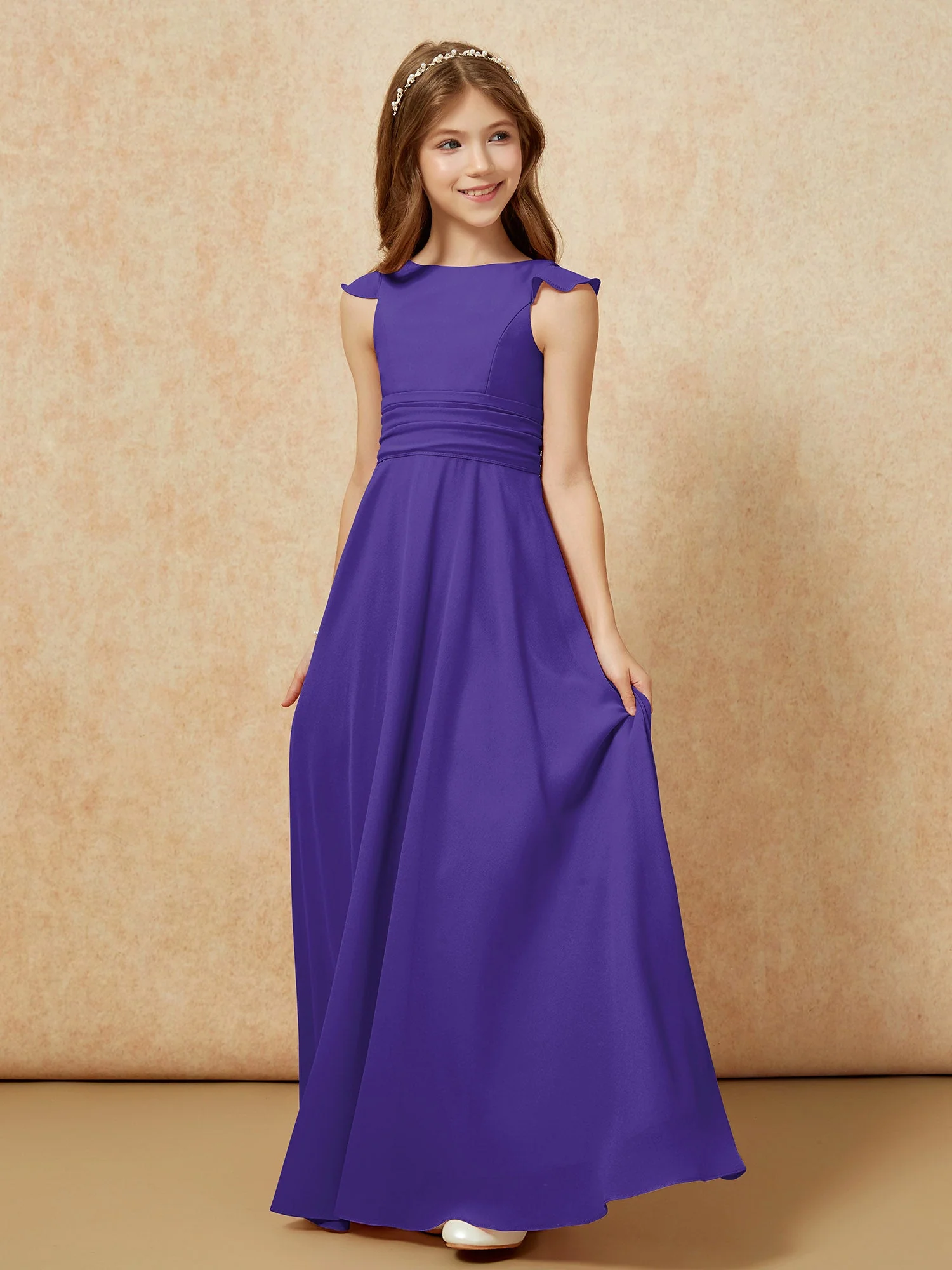 Rundhalsausschnitt Flatterärmel Chiffon Junge Brautjungfernkleider Regentschaft - Image 3