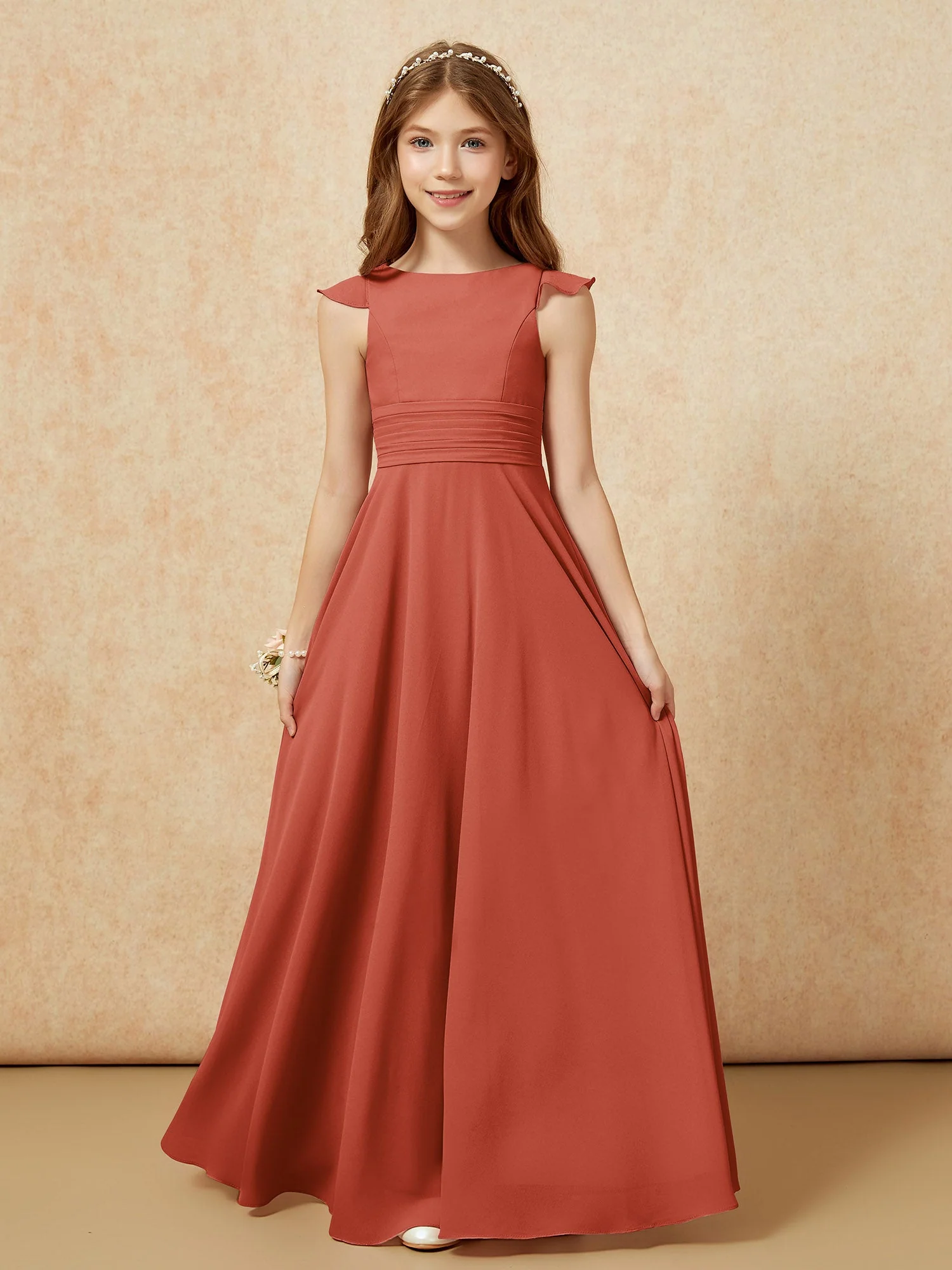 Rundhalsausschnitt Flatterärmel Chiffon Junge Brautjungfernkleider Rost