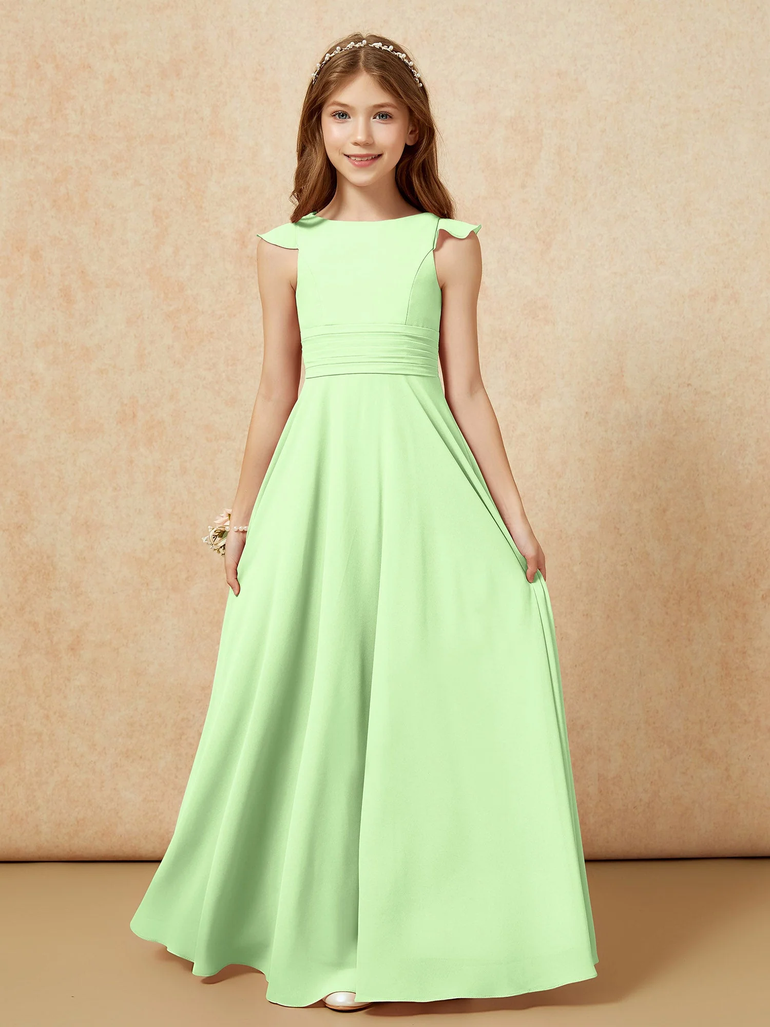 Rundhalsausschnitt Flatterärmel Chiffon Junge Brautjungfernkleider Salbei
